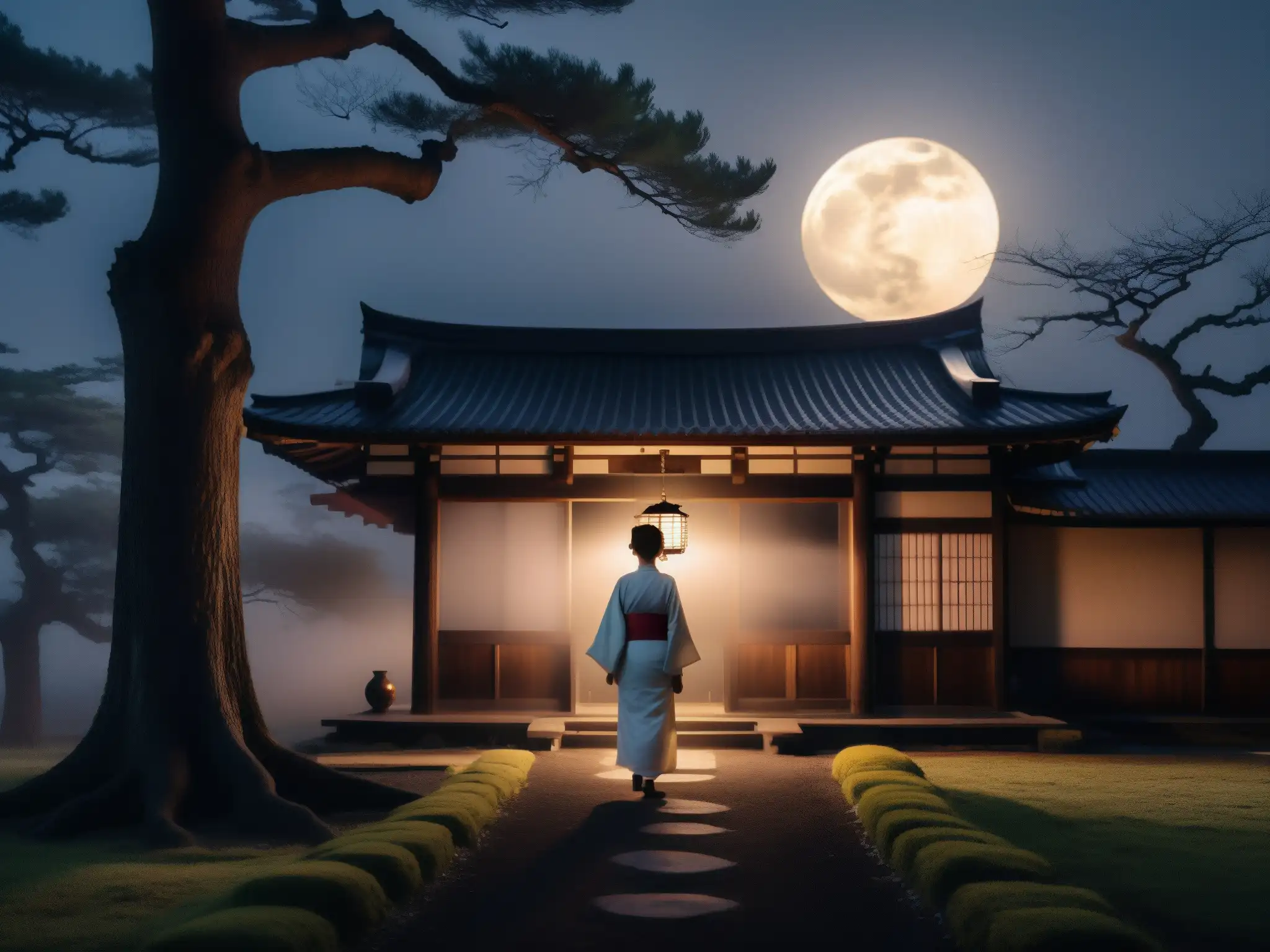 Escena nocturna en casa japonesa, figura con linterna