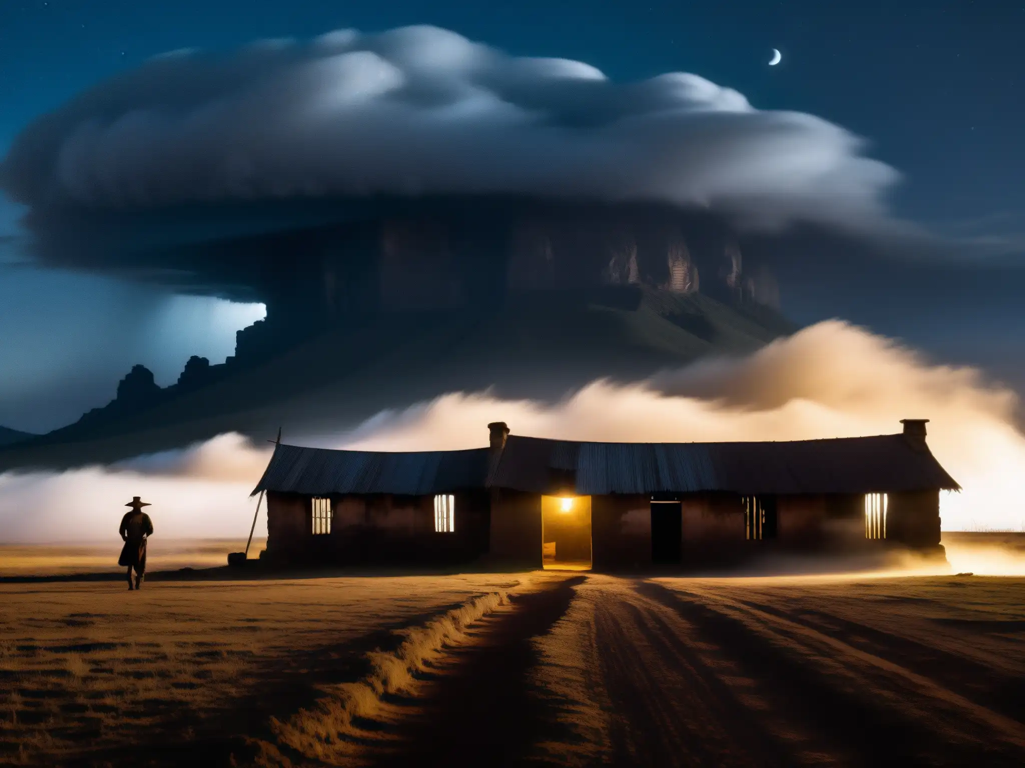 La belleza desolada de los llanos de Venezuela bajo la luna Escena nocturna y desolada de los llanos de Venezuela, con la figura solitaria junto a una casa llanera