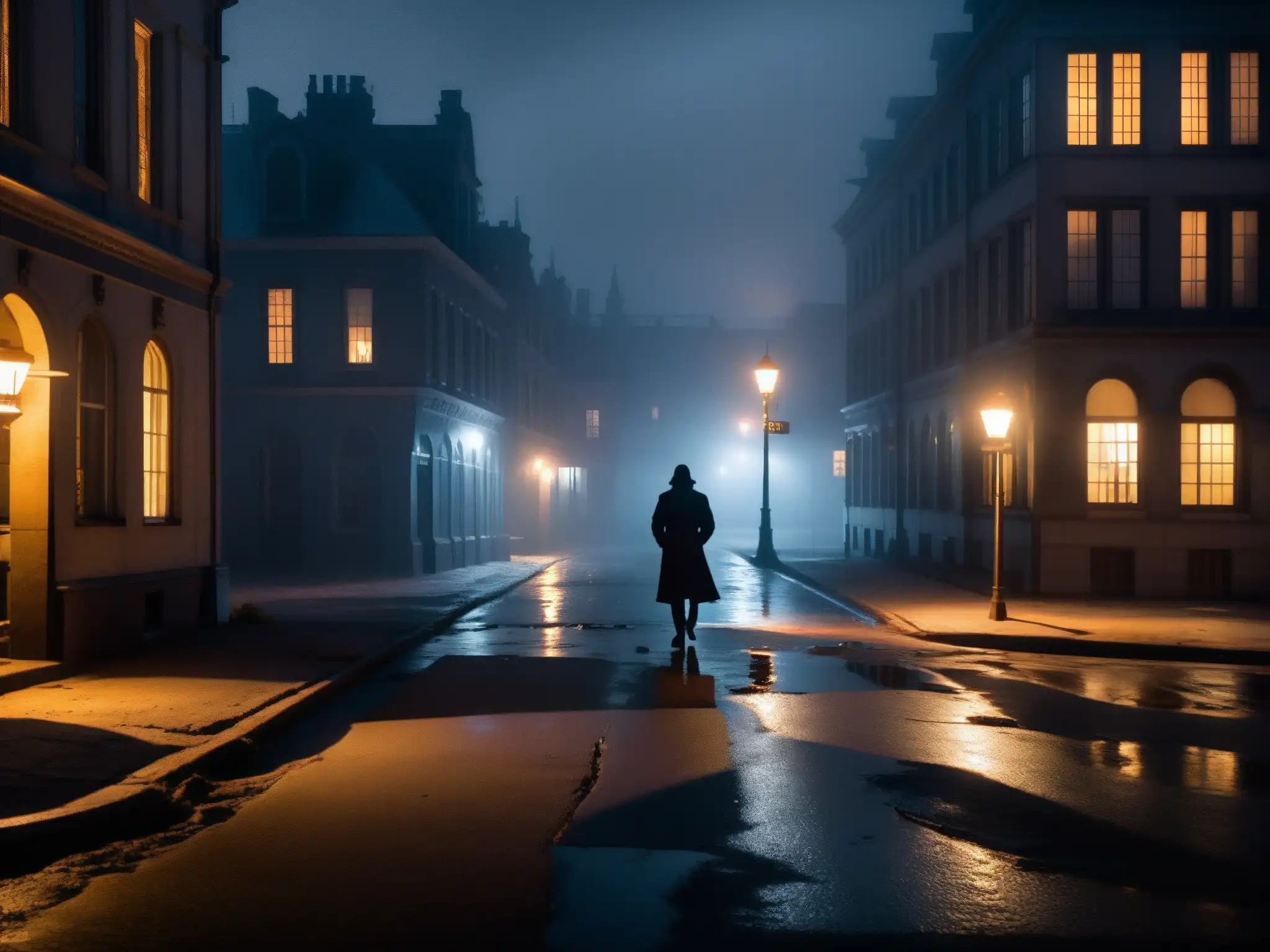 Escena nocturna de terror en una calle abandonada, con una figura misteriosa bajo la luz titilante