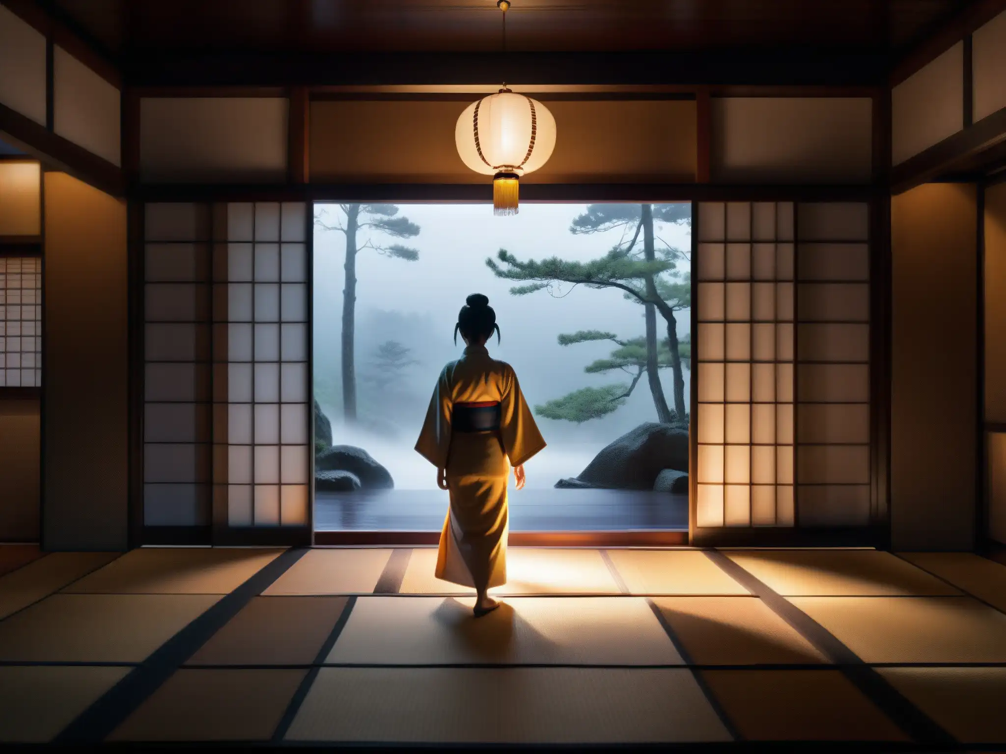 Escena misteriosa: sala japonesa con linterna titilante y figura en kimono Escena de terror con linterna japonesa, niebla y figura misteriosa en tatami, perfecta para leyendas urbanas japonesas videojuegos terror
