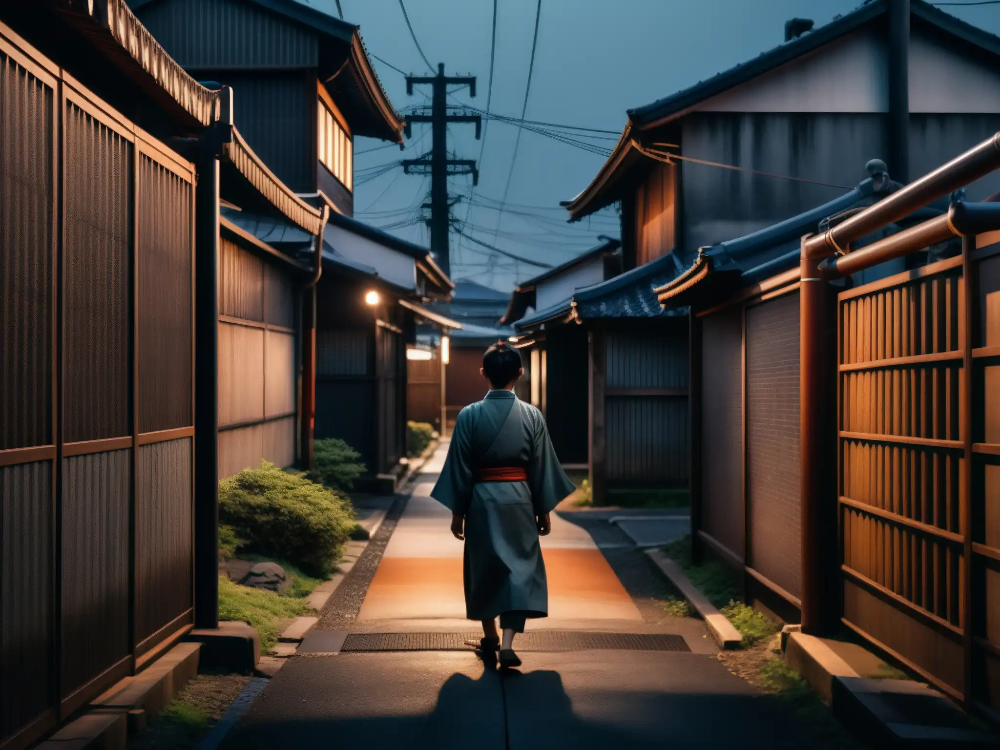 Escena urbana japonesa con misterio, una figura solitaria en la distancia