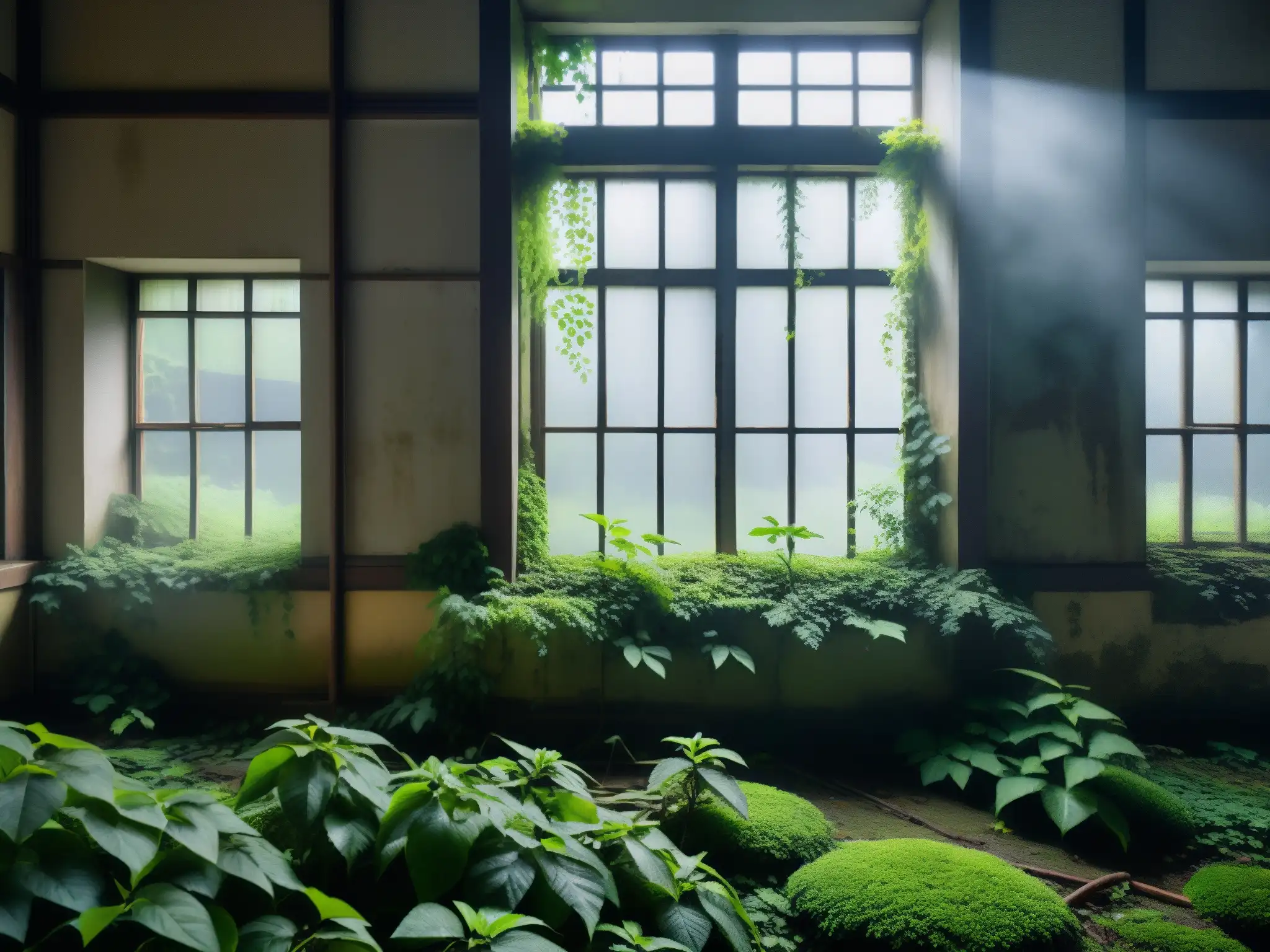 Misteriosa escuela japonesa abandonada cubierta de enredaderas Una escuela japonesa abandonada, cubierta de enredaderas, rodeada de neblina, evocando los siete misterios escuelas japonesas