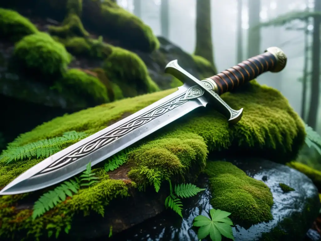 Espada celta antigua en el bosque místico Una espada antigua, con grabados celtas en un bosque místico