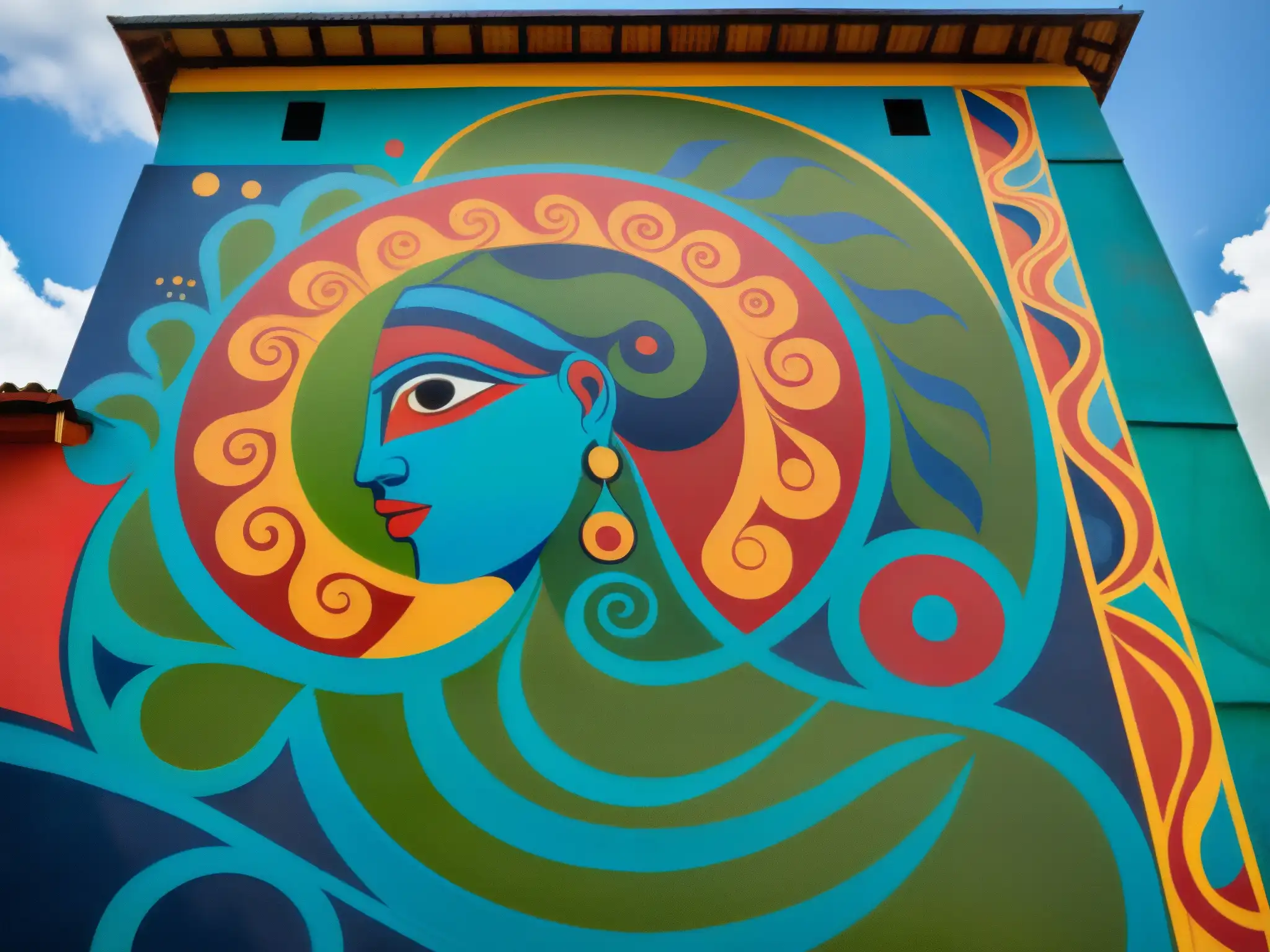Espléndido mural de Tupã: arte guaraní Espectacular mural del mito de creación de la mitología guaraní, representa a Tupã en colores vibrantes y patrones detallados