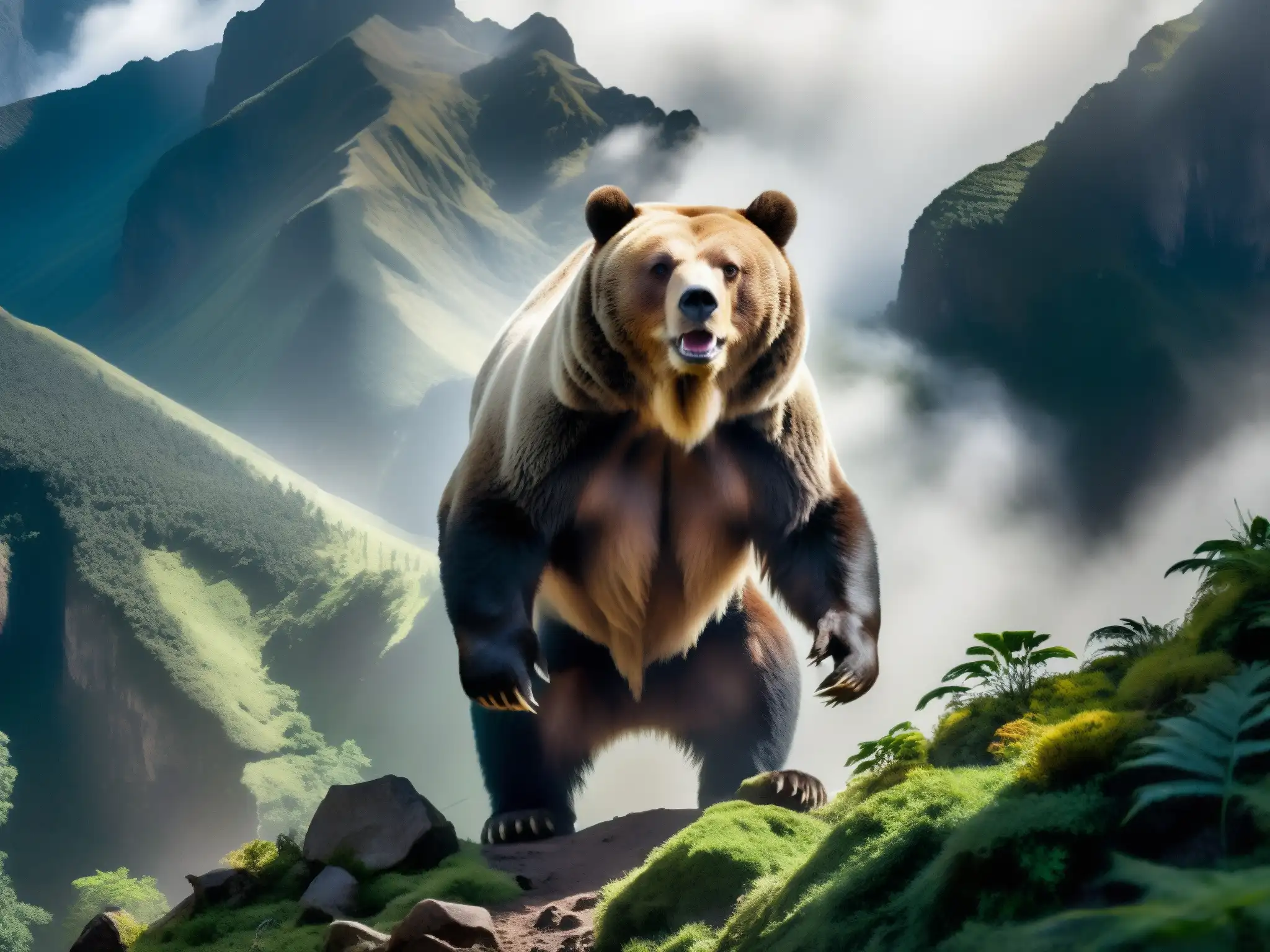 Espectacular paisaje montañoso de los Andes con la mítica criatura Ucumar acechando entre la neblina y la vegetación densa