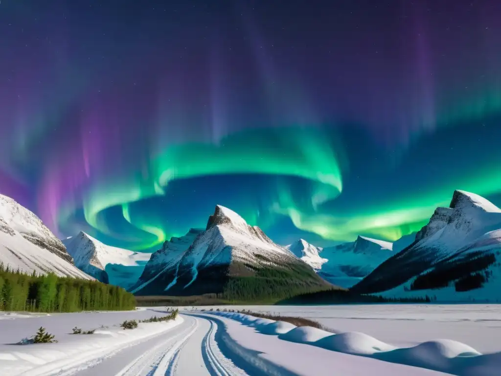 Aurora Boreal: Mágico Baile de Luces en 8K Espectacular Aurora Boreal en paisaje nevado, evoca los míticos y místicos Mitos escandinavos Aurora Boreal