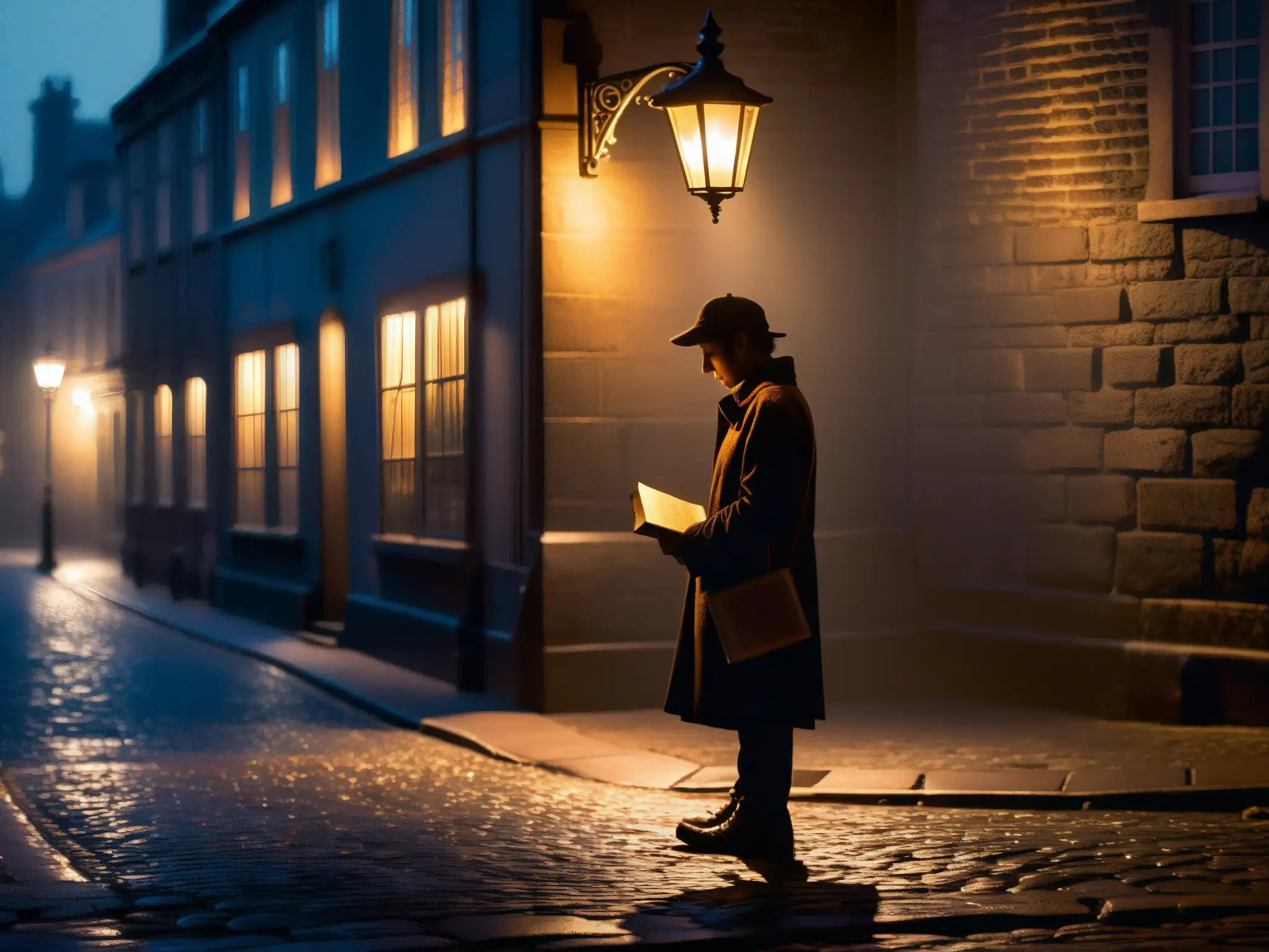 En una esquina sombría de la medianoche, una figura solitaria bajo la luz titilante de un farol sostiene un misterioso libro