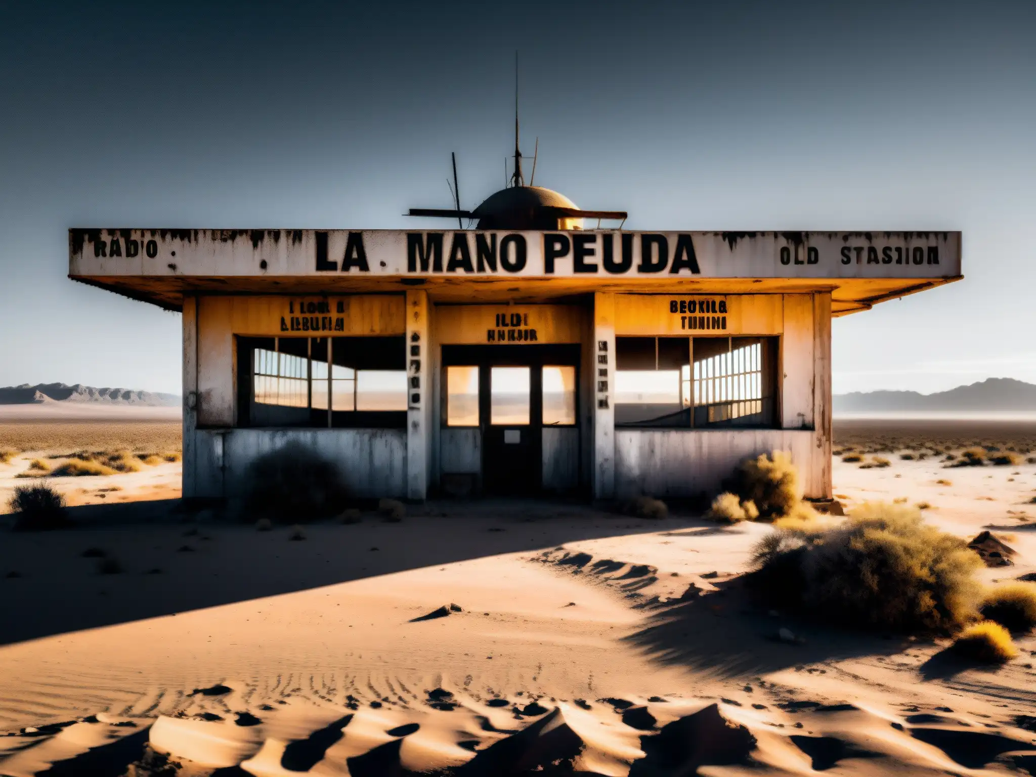 Estación de radio abandonada en el desierto: La Mano Peluda Una estación de radio abandonada en un desierto, cubierta de polvo y misterio