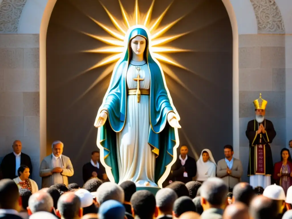 Estampa devocional: Nuestra Señora de Fátima y peregrinos en luz suave La estatua de Nuestra Señora de Fátima bañada en luz suave, rodeada de peregrinos rezando
