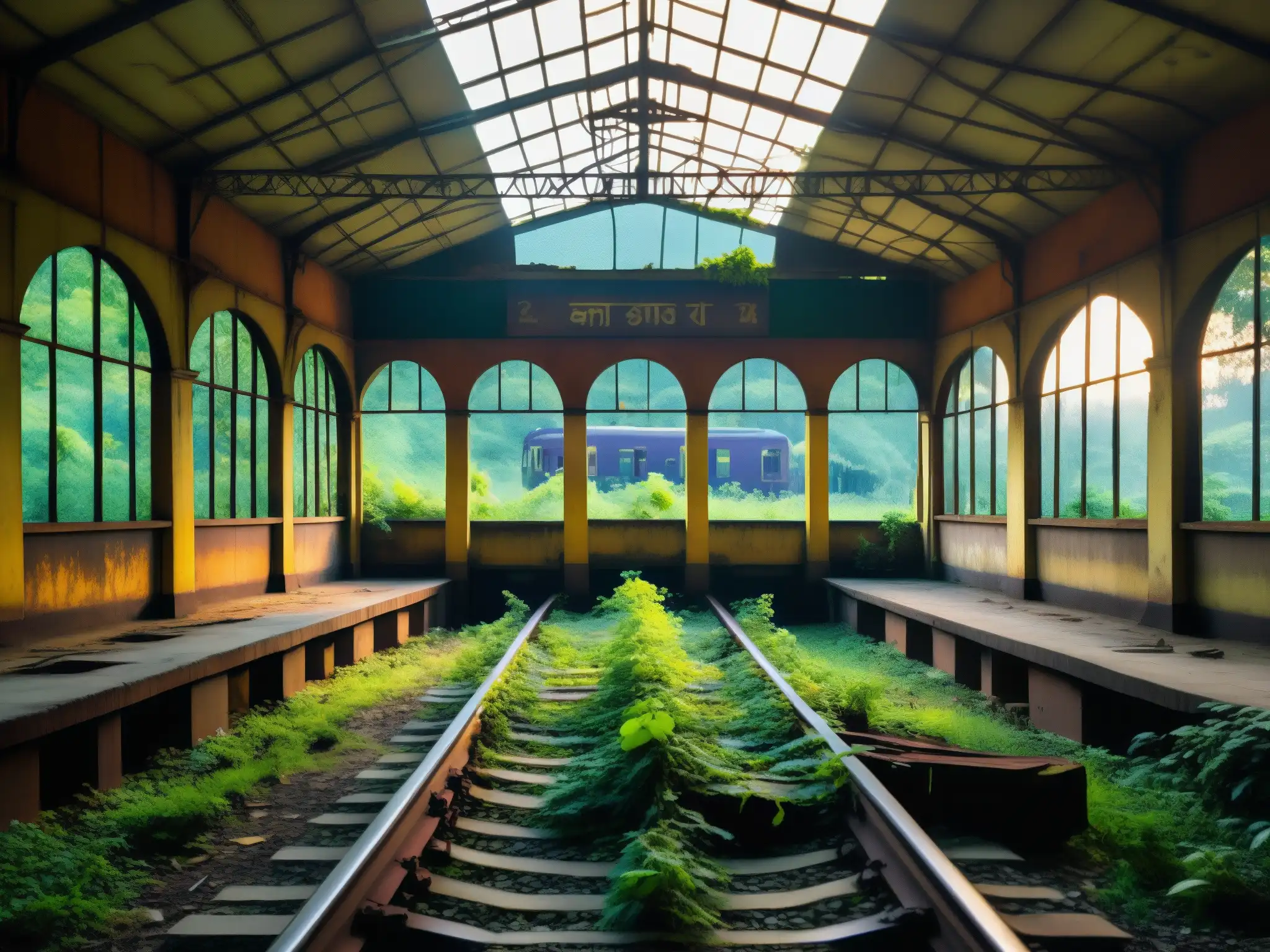 Estación de tren abandonada en Bengala: misterio y desolación Un evocador tren fantasma de Bengal: estación abandonada, naturaleza invadiendo, vías oxidadas, atmósfera misteriosa