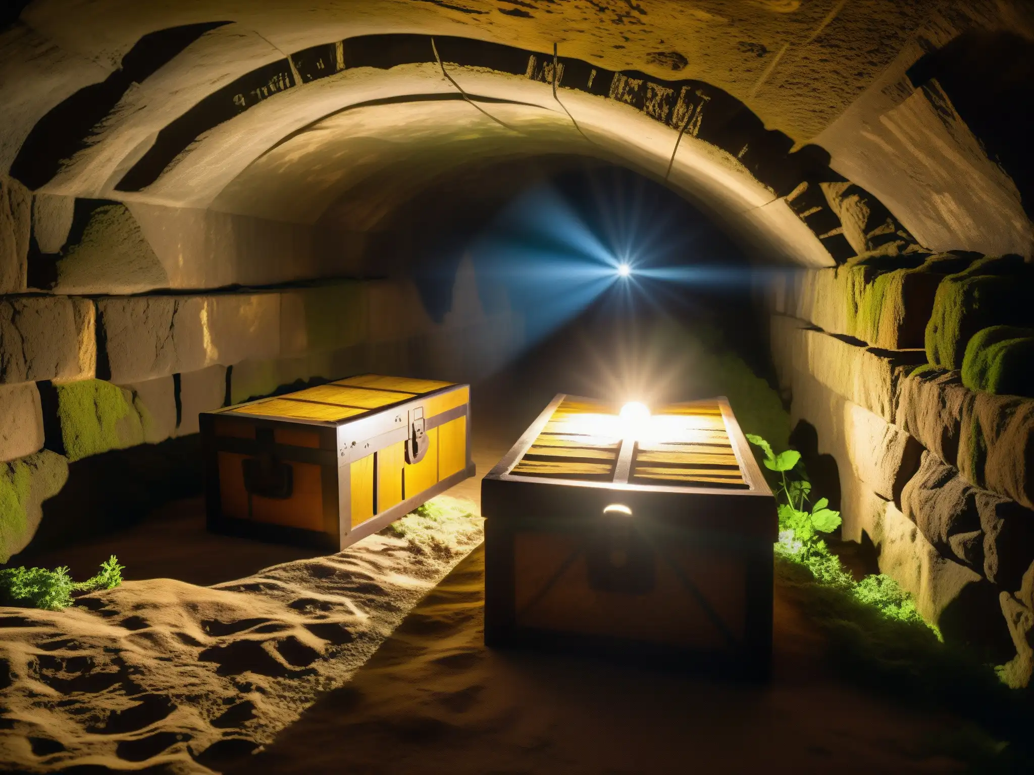 Exploración de tesoros antiguos en un túnel misterioso Explorador descubre riqueza oculta en túnel subterráneo con cofres antiguos y símbolos misteriosos