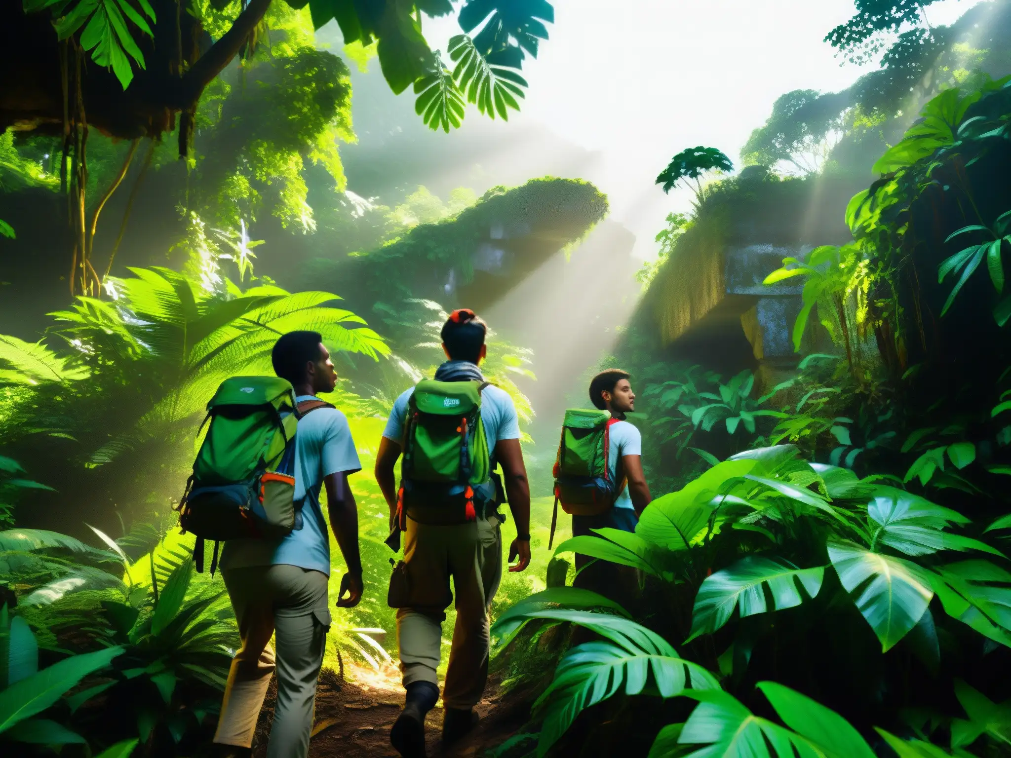 Exploradores en la selva: en busca de tesoros perdidos Exploradores en busca de la riqueza oculta entre ruinas y selva exuberante