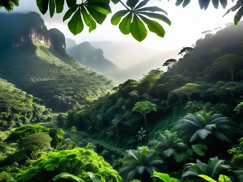 Selva misteriosa de Uganda: belleza salvaje El exuberante y misterioso bosque de Uganda, con árboles imponentes, frondosa vegetación y rayos de sol filtrándose entre el dosel