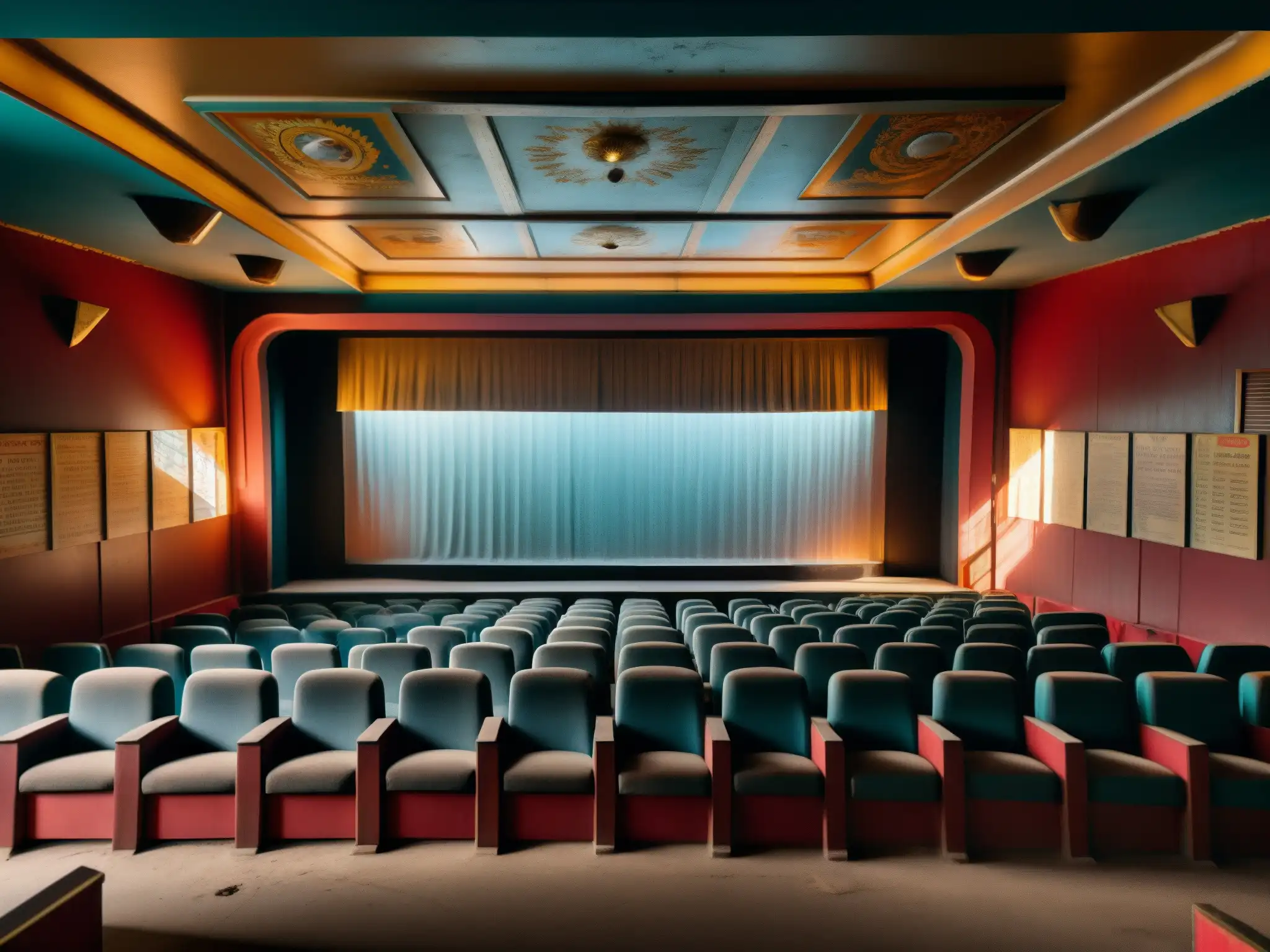 Teatro de Bollywood abandonado: 8k detalle impactante Fantasmagórico cine Bollywood abandonado, con carteles descoloridos y asientos polvorientos, bañado por la luz solar