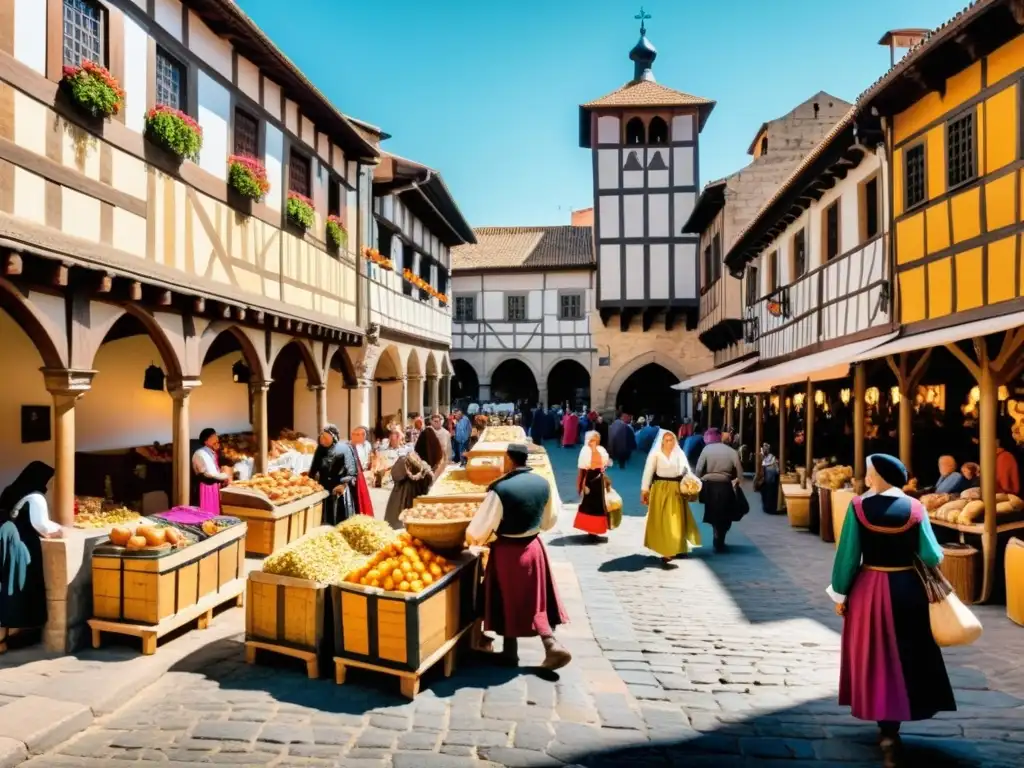 Mercado medieval en León: vida, comercio y castillo Valentía femenina en leyenda medieval: Ilustración detallada de un bullicioso mercado medieval en León, con mujeres en vestidos coloridos regateando con vendedores, caballeros en caballos y un castillo imponente en el fondo