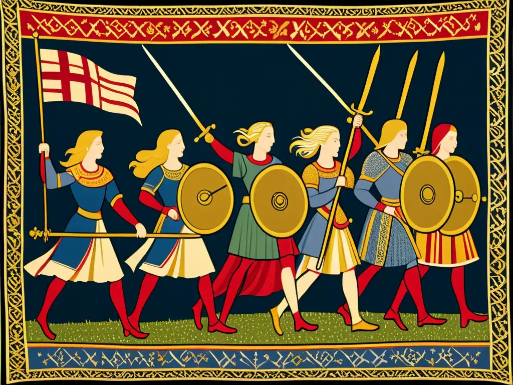 Valientes mujeres medievales liderando la batalla Valentía femenina en leyenda medieval: Tapestry detallado con mujeres valientes liderando la batalla, mostrando fuerza y determinación
