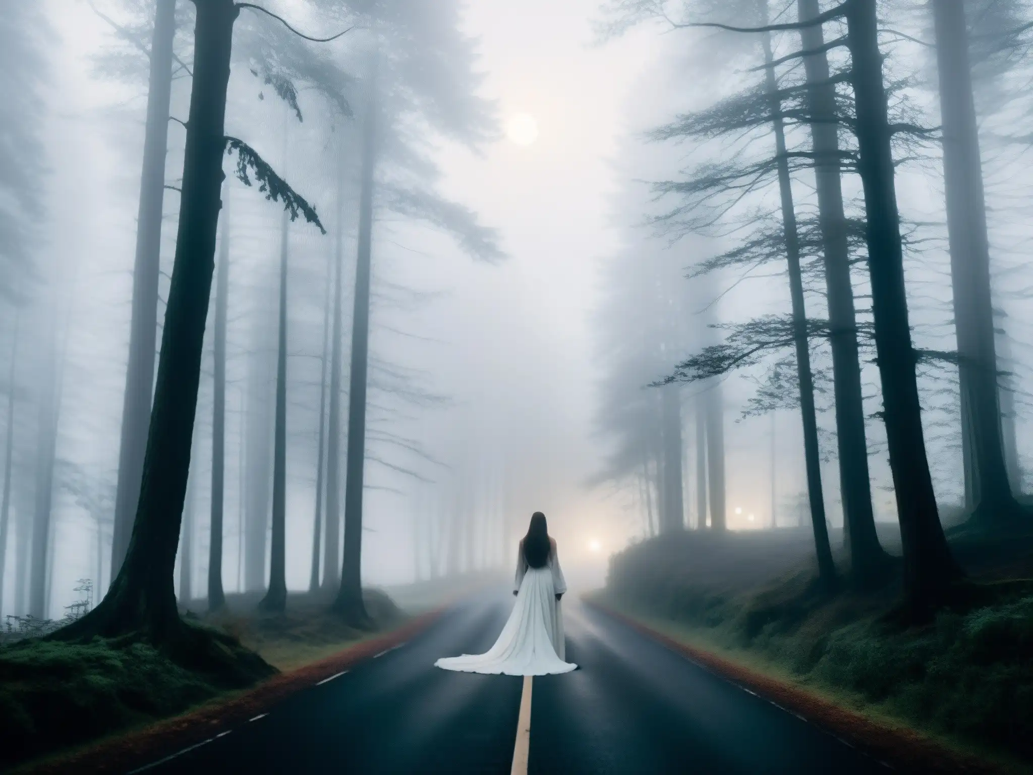 Figura misteriosa en el bosque de niebla Una figura en blanco, entre la niebla de un denso bosque, evoca la leyenda de la mujer de blanco en Corea