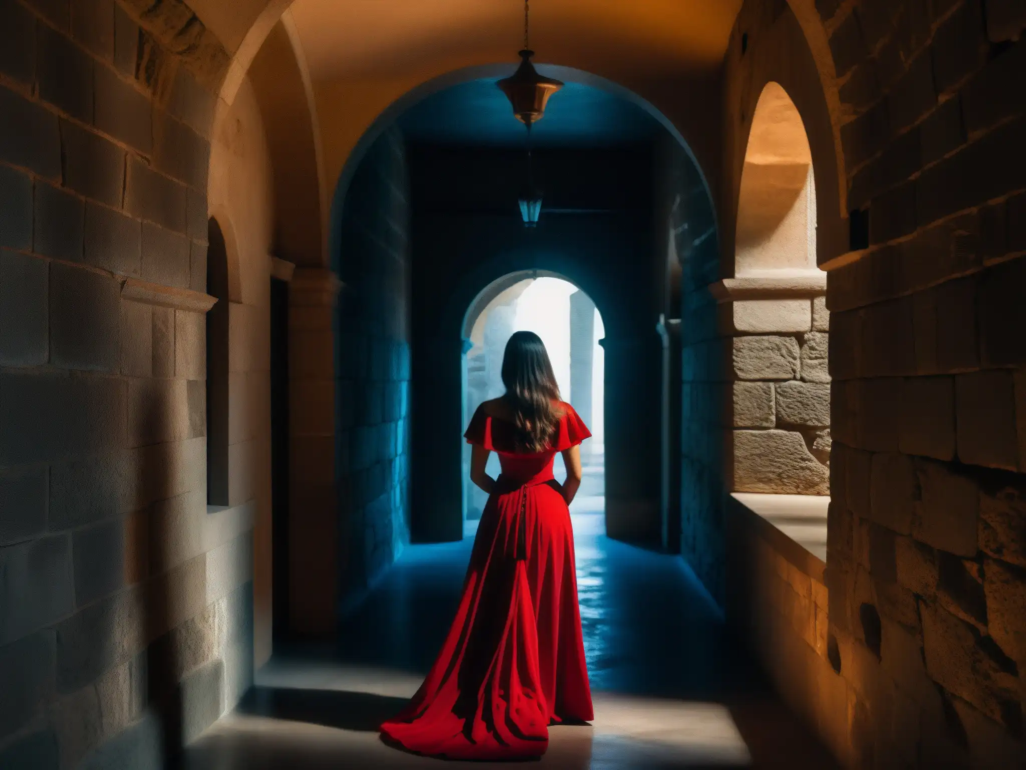 Figura en vestido rojo: Misterio en el Palacio de San Francisco Una figura enigmática viste un vestido rojo en el antiguo pasillo del Palacio de San Francisco, creando una atmósfera misteriosa y espectral