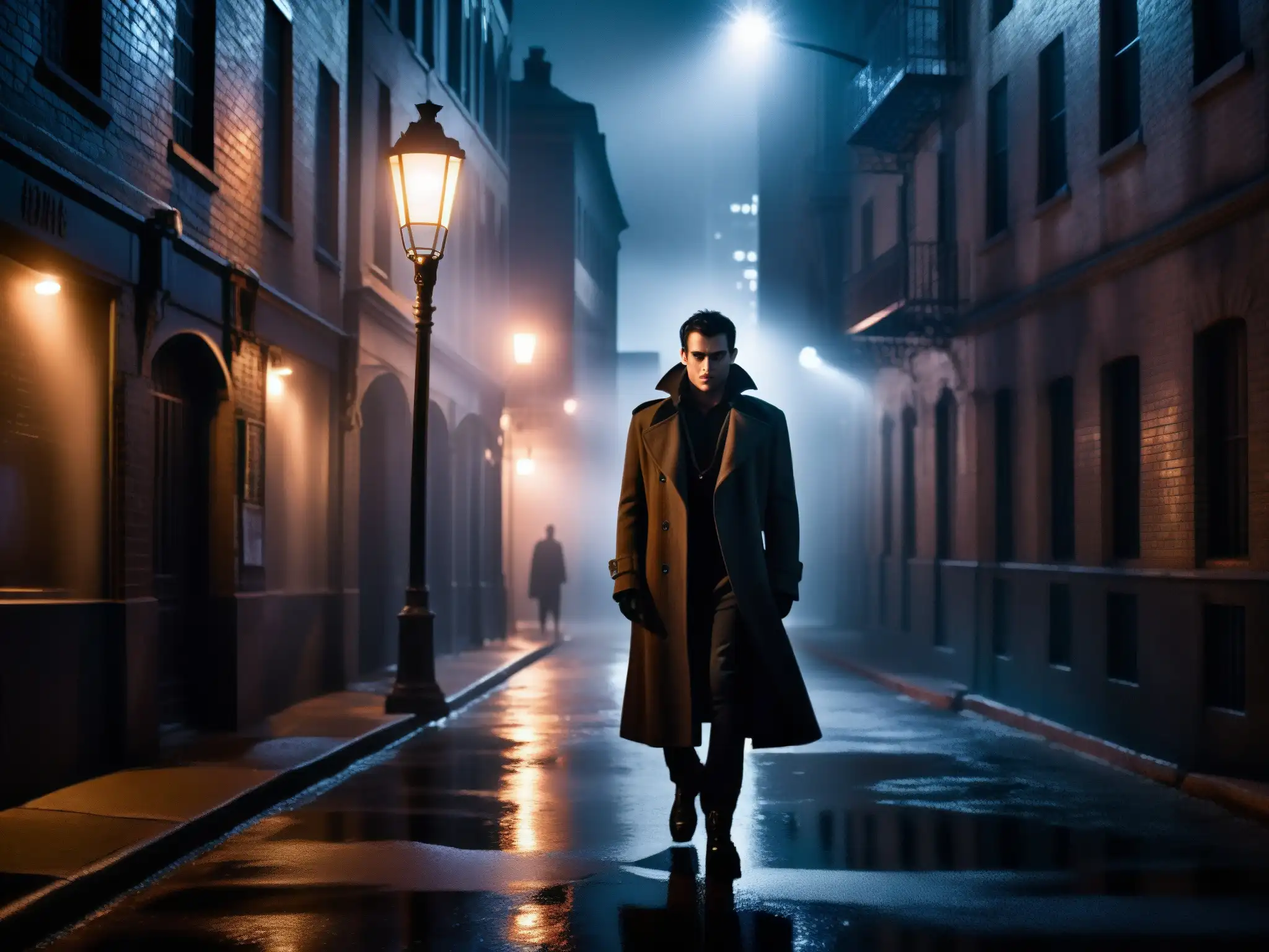 Presencia vampírica en calle nocturna Figura misteriosa en un callejón oscuro de la ciudad con neblina, evocando arquetipos de vampiros en ciudades