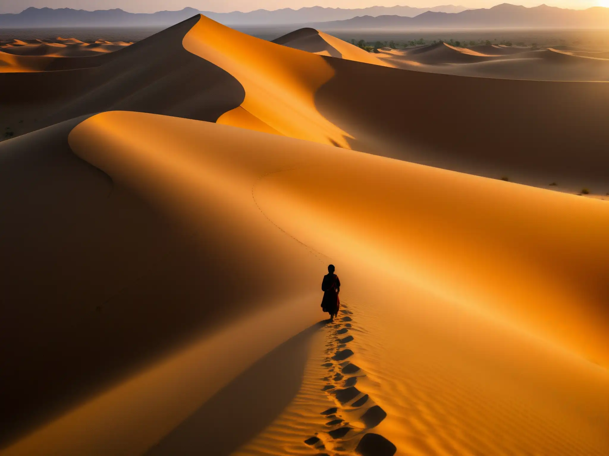 Una figura solitaria contempla el atardecer en el Desierto de Thar, India, evocando el origen y poder de los Djinn