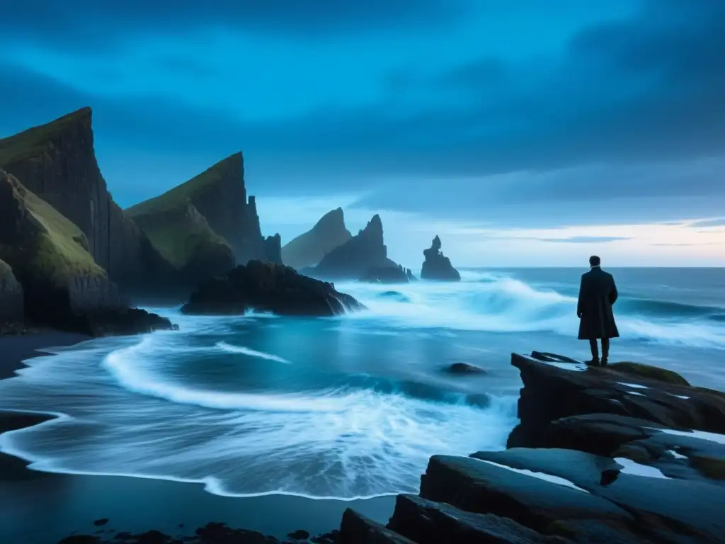 Misteriosa silueta bajo la luna en la costa nórdica Figura solitaria frente a la costa nórdica, rodeada de neblina y luz azul, evocando la leyenda nórdica espectro acuático
