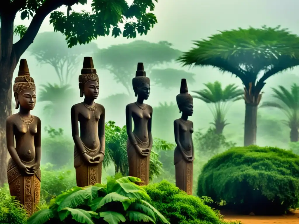 Misteriosas figuras de piedra en Senegambia Figuras de piedra envueltas en misterio y vegetación exuberante, evocando leyendas urbanas en Senegambia