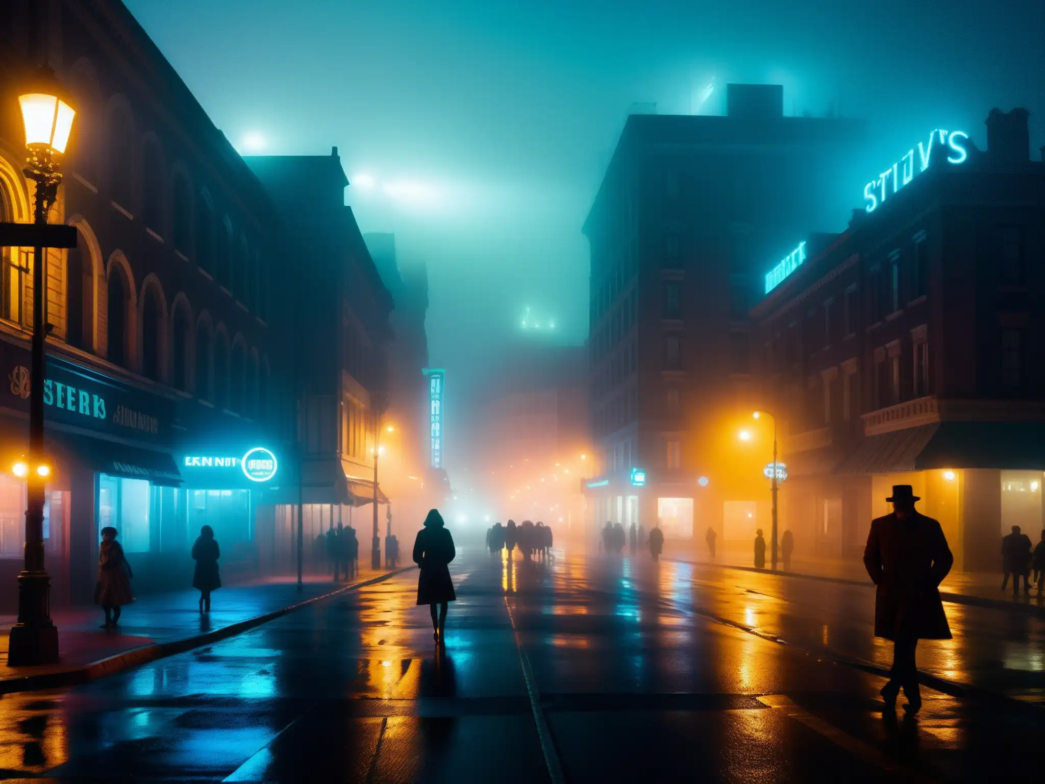 Una foto de alta resolución de una misteriosa calle nocturna con niebla, evocando la psicología de las leyendas urbanas