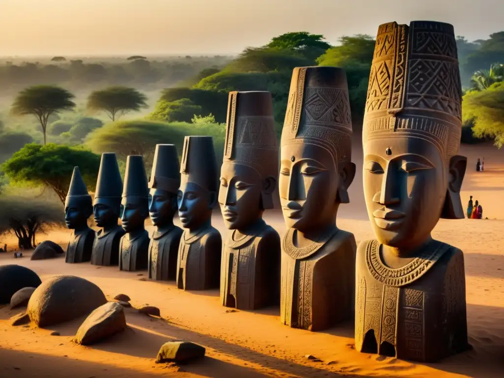 Figuras de piedra ancestrales en Senegambia: Misterio y detalle Foto ultradetallada de las antiguas figuras de piedra en Senegambia, transmitiendo misterio y leyendas urbanas