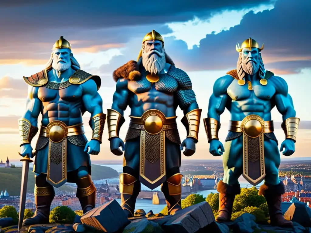Tres gigantes colosales con armaduras y martillos en la antigua Escandinavia, supervisando la construcción de Estocolmo