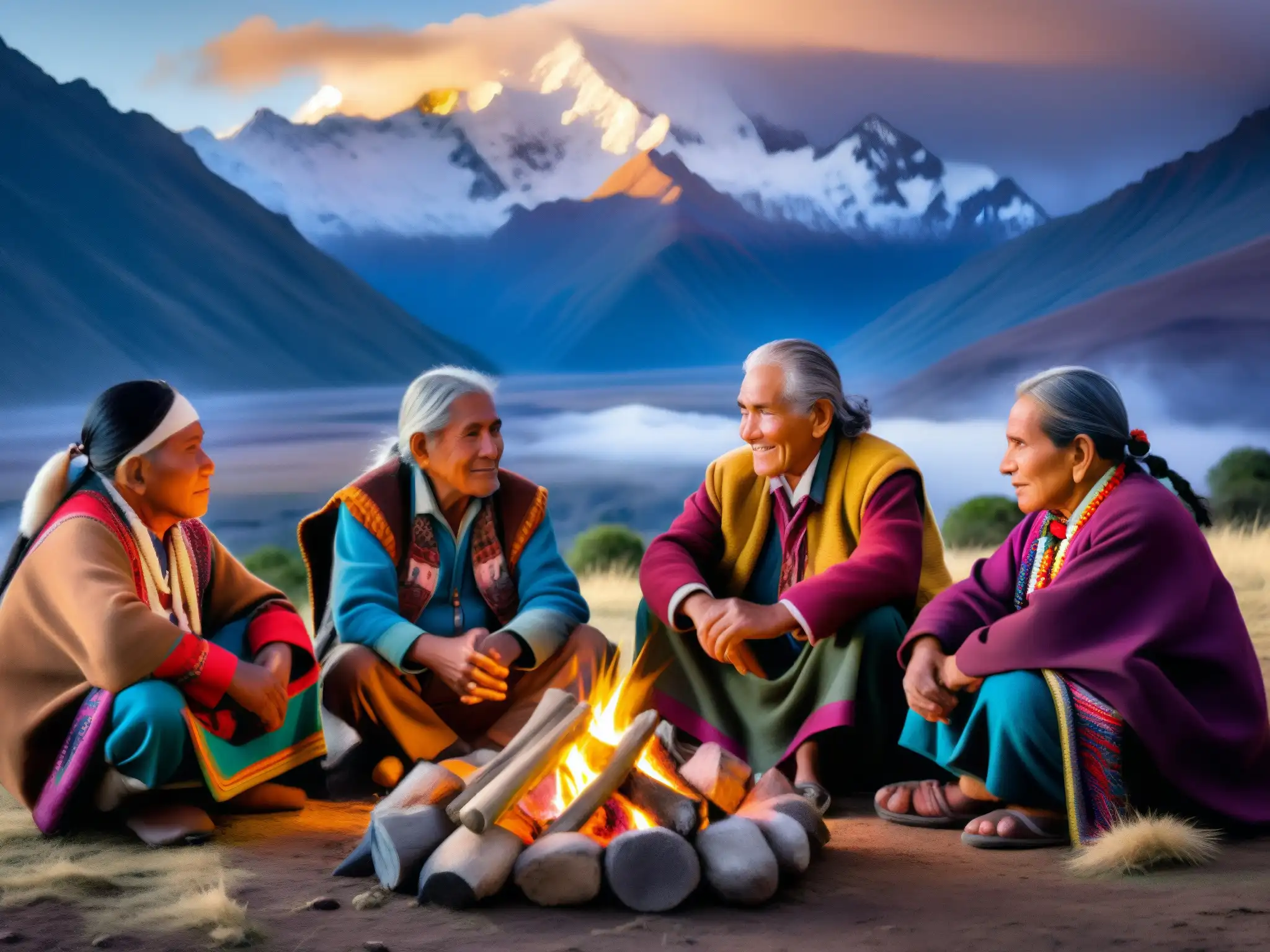 Sabiduría ancestral en los Andes: ancianos indígenas alrededor del fuego Un grupo de ancianos indígenas andinos se reúnen alrededor de una fogata, con el majestuoso paisaje de los Andes de fondo