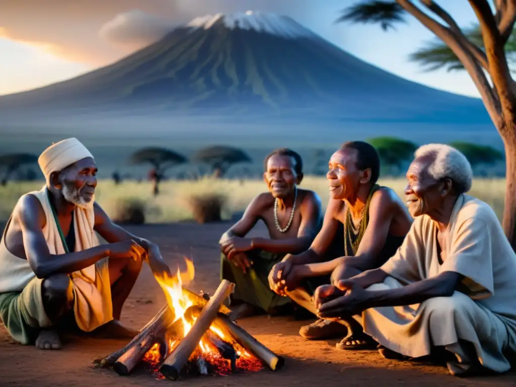 Narración de mitos Chagga al pie del Kilimanjaro Grupo de ancianos Chagga contando mitos y rituales alrededor del fuego, la luz cálida ilumina sus rostros arrugados en la base del Kilimanjaro