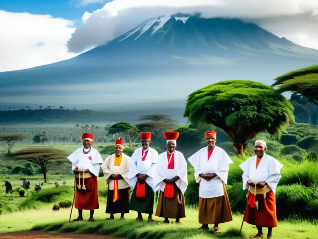 Ritual Chagga en Kilimanjaro: tradición ancestral Grupo de ancianos Chagga realizando ritual sagrado al pie del majestuoso Kilimanjaro, rodeados de exuberante vegetación y la cumbre nevada, en escena mística que evoca los mitos y rituales Chagga en el Kilimanjaro
