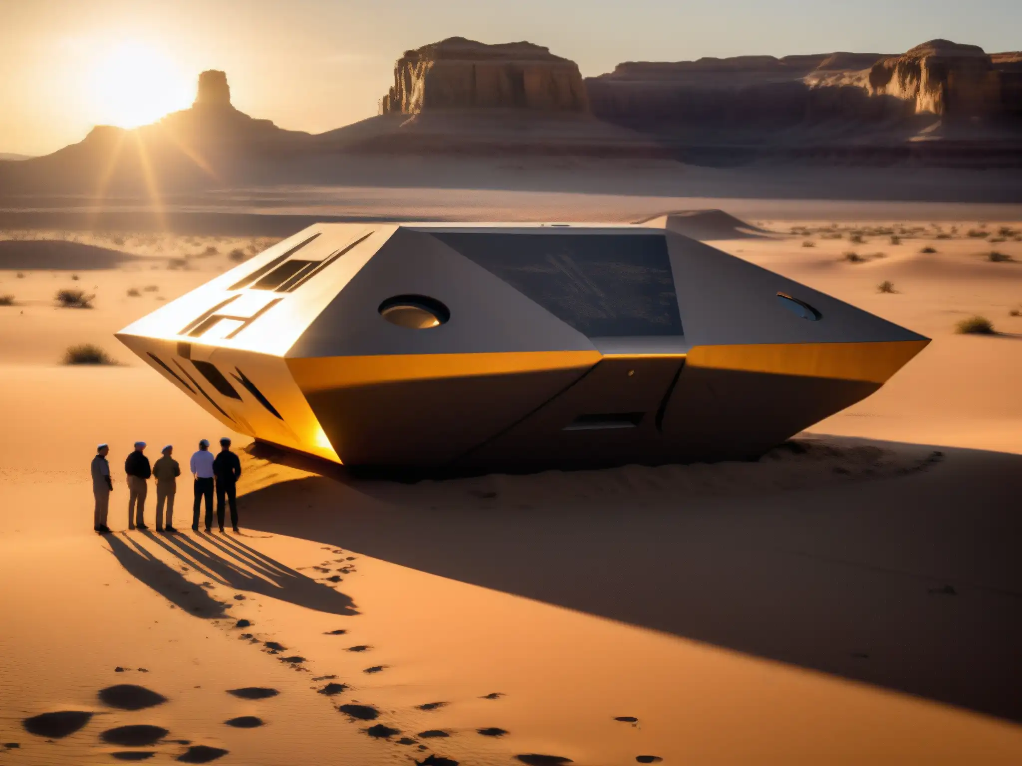 Descubrimiento misterioso: científicos examinan objeto metálico en el desierto al atardecer Grupo de científicos y autoridades examinan misterioso objeto metálico en desierto al atardecer, revelando contacto extraterrestre públicamente