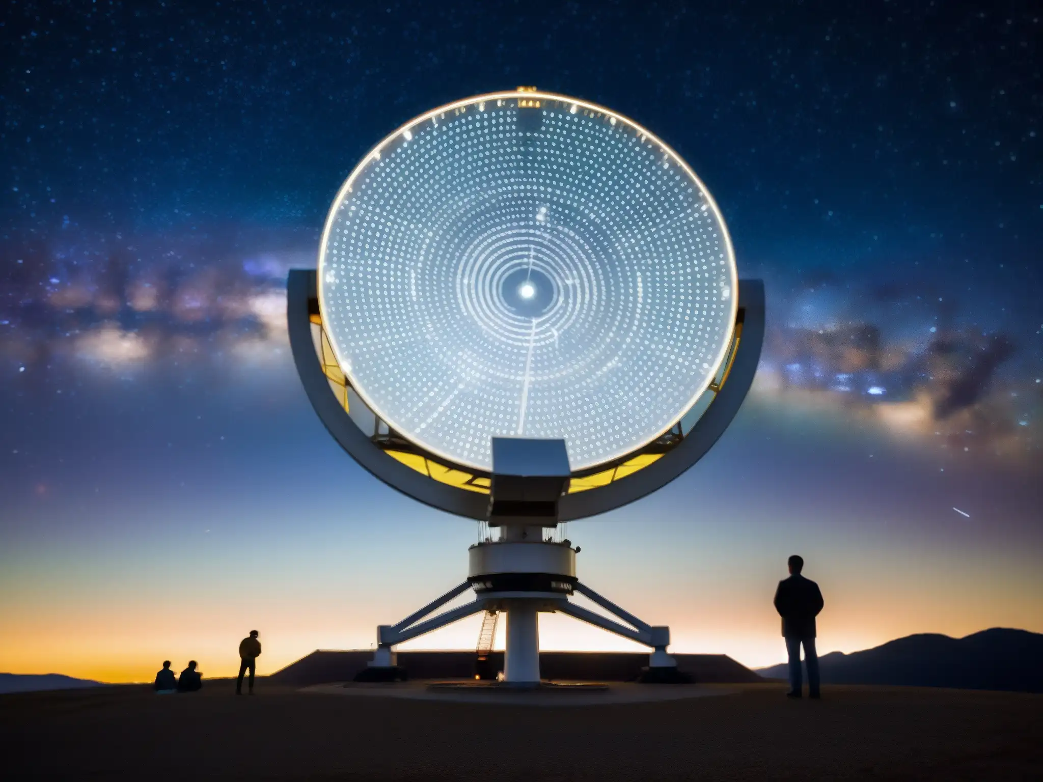 Descifrándose el misterio: la señal 'Wow!' del telescopio Big Ear Grupo de científicos analizando el misterioso 'Wow! Signal' en el telescopio, buscando comunicación extraterrestre señal Wow
