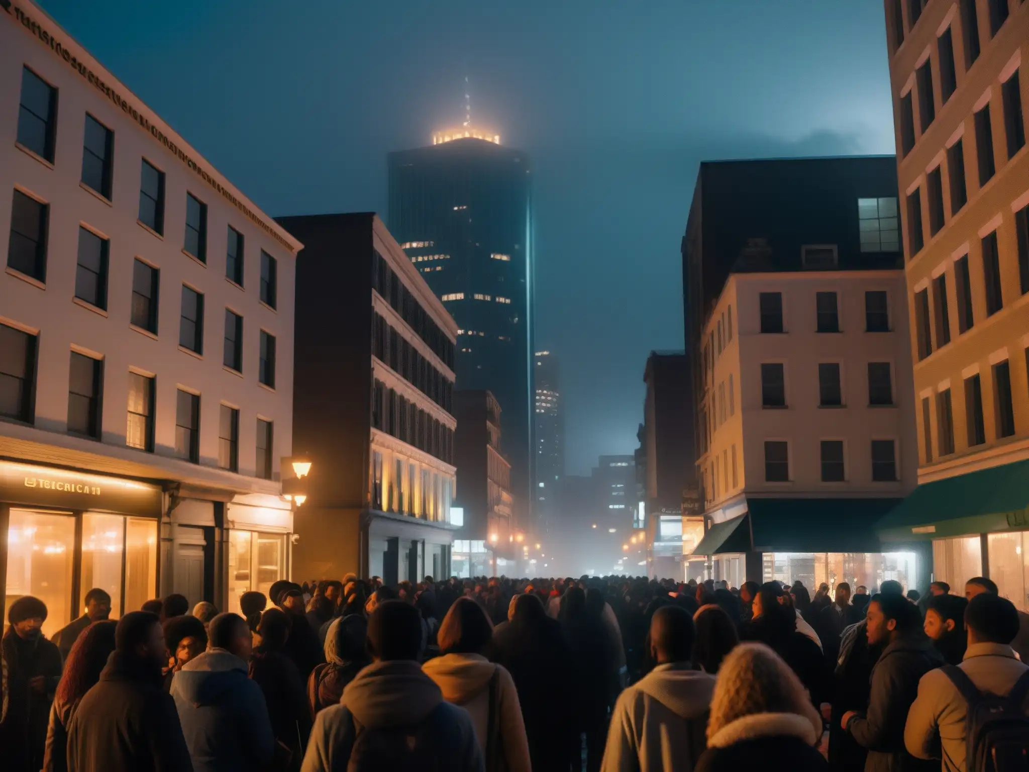 Conjuros urbanos: misterio y fascinación en la oscuridad Un grupo escucha un cuento de misterio en una calle nocturna iluminada, evocando el impacto de los mitos y leyendas urbanas en la sociedad