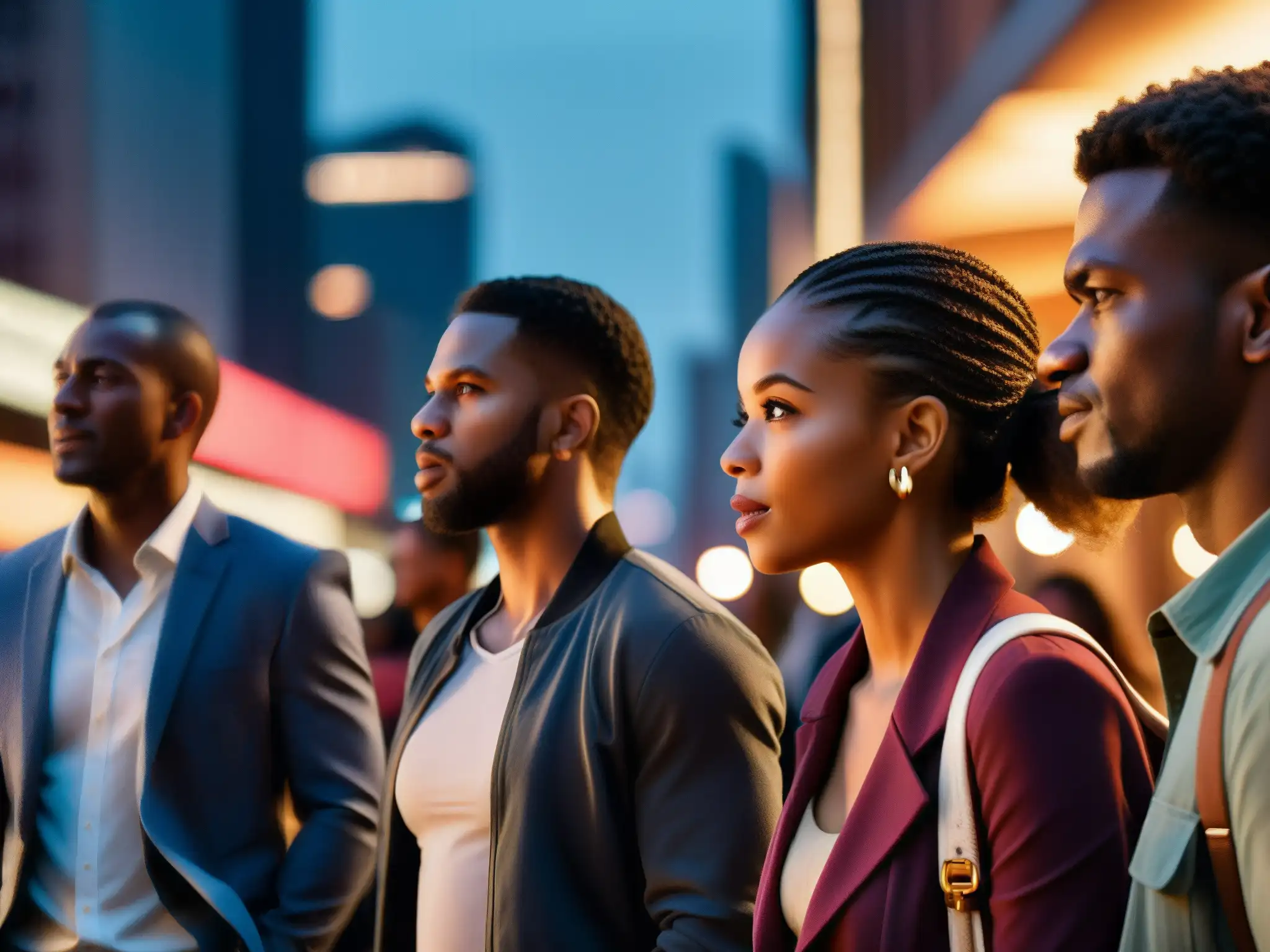 Grupo diverso en animada conversación en entorno urbano, transmisión de leyendas urbanas y psicología del rumor