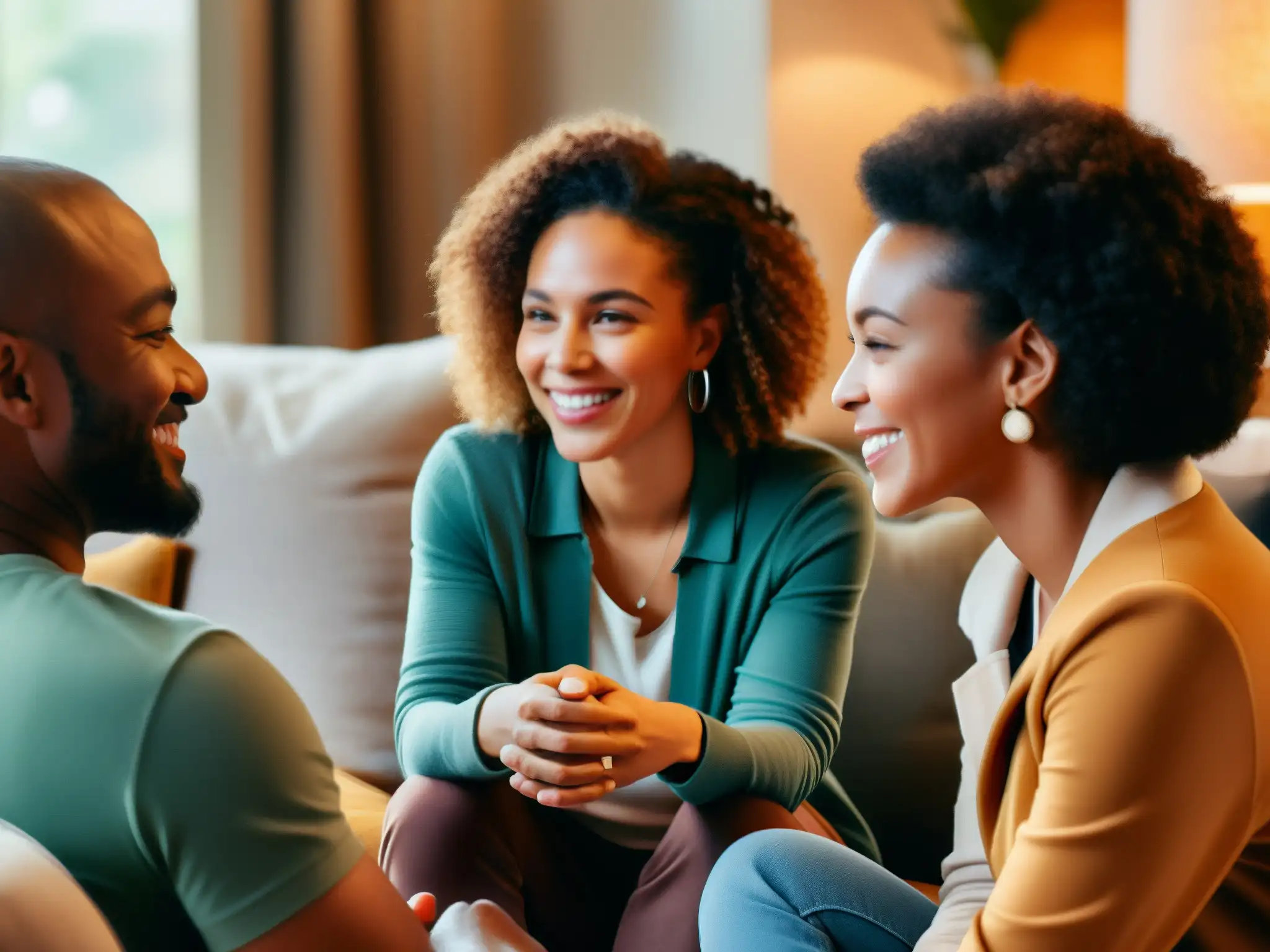 Círculo de diálogo emocional: sanando juntos Un grupo diverso de personas se reúne en un círculo en una sala acogedora, mostrando empatía y apoyo mutuo, impacto mitos leyendas urbanas sociedad