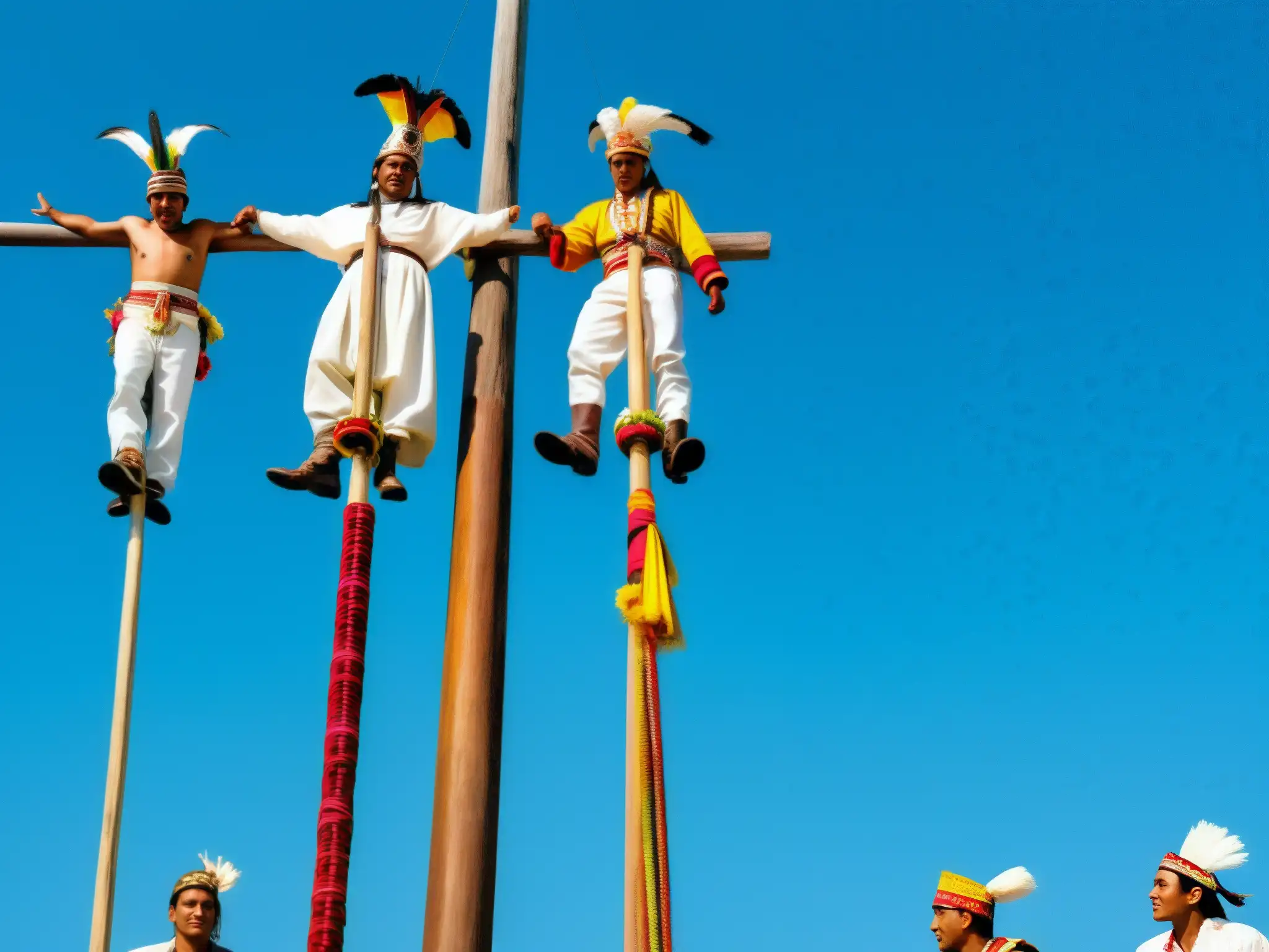 Ritual de los Voladores de Papantla: Hombres indígenas en el cielo Un grupo de hombres indígenas viste trajes tradicionales y se prepara para el místico Ritual de los Voladores de Papantla, con el cielo azul de fondo
