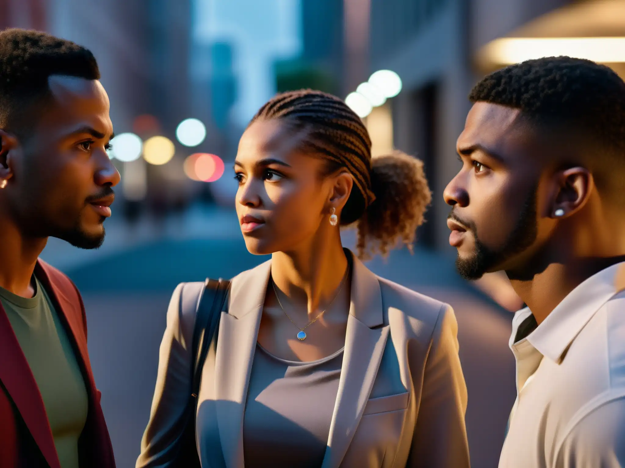 Un grupo inmerso en intensa conversación en un entorno urbano tenue, expresando la psicología del rumor en leyendas urbanas