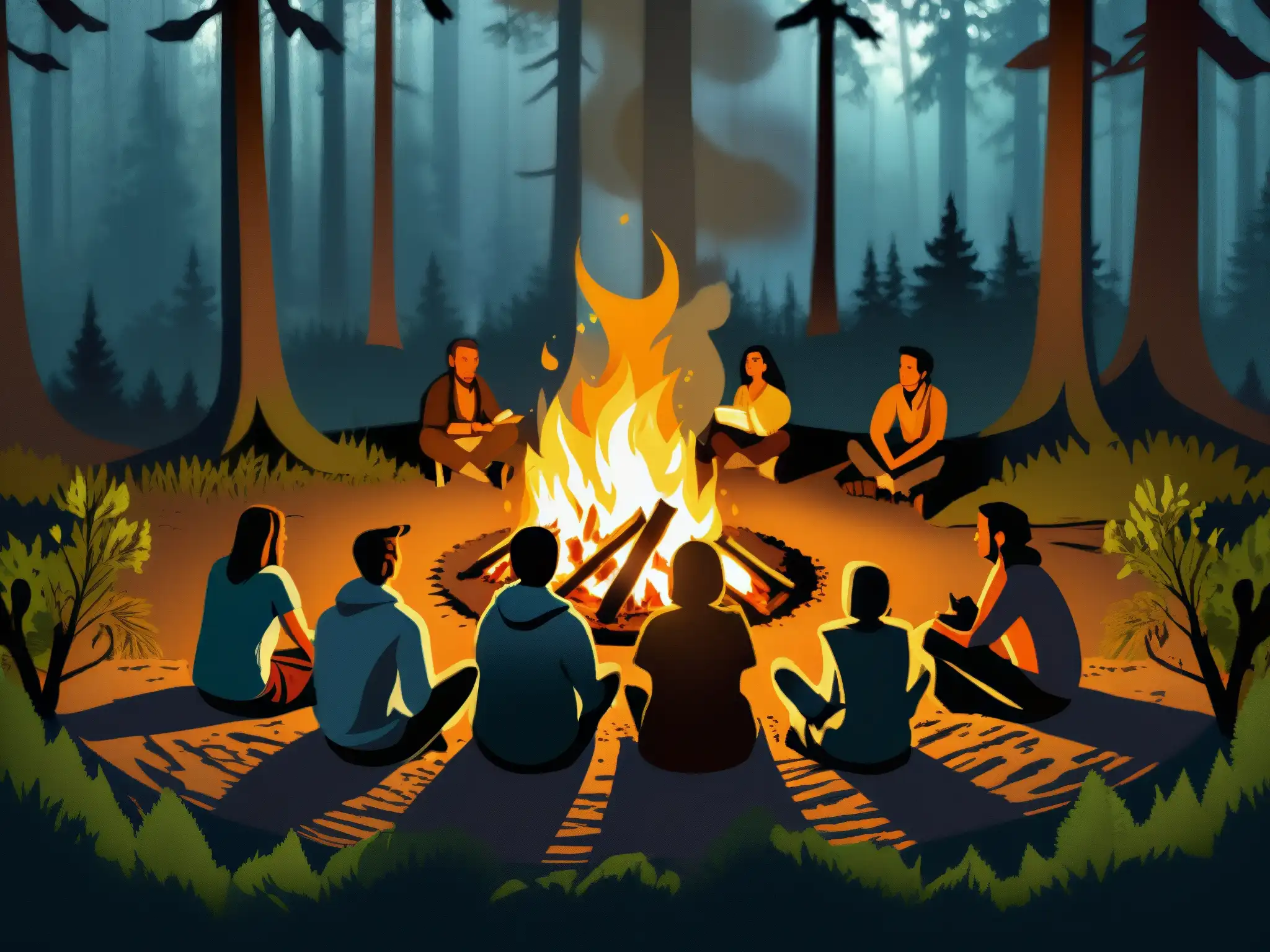 Grupo escucha leyendas urbanas alrededor de fogata en el bosque, impacto en la salud mental