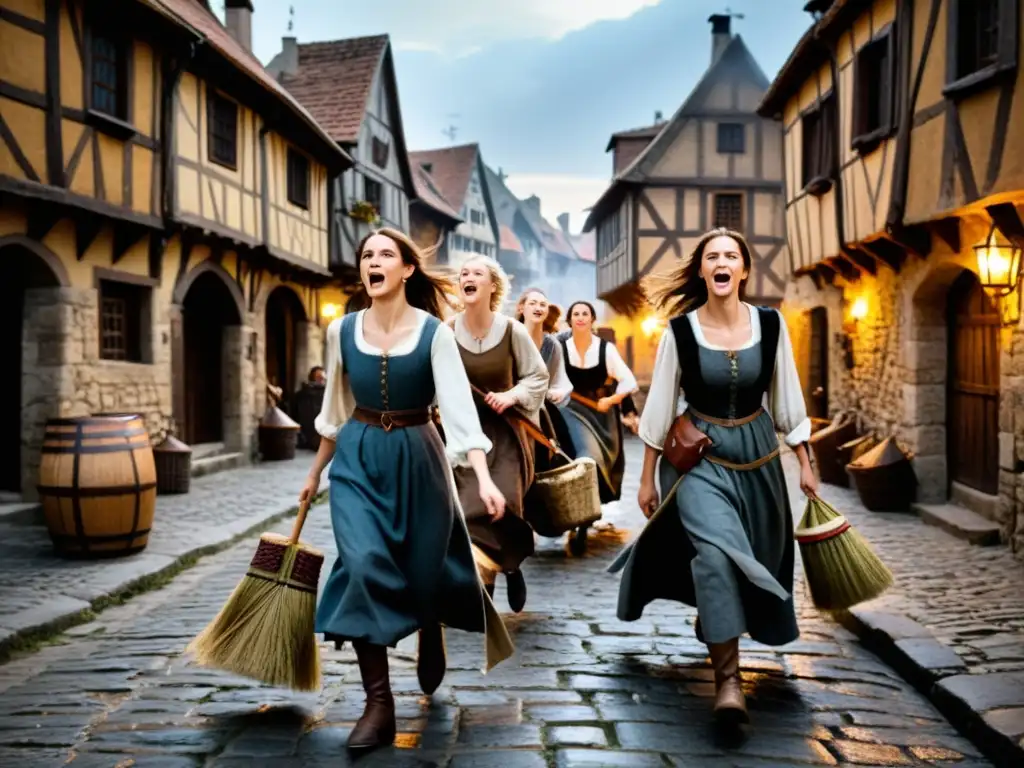Persecución de brujas en el pueblo medieval Un grupo de mujeres huye desesperadamente por las calles empedradas de un pueblo medieval europeo, perseguidas por una turba enardecida