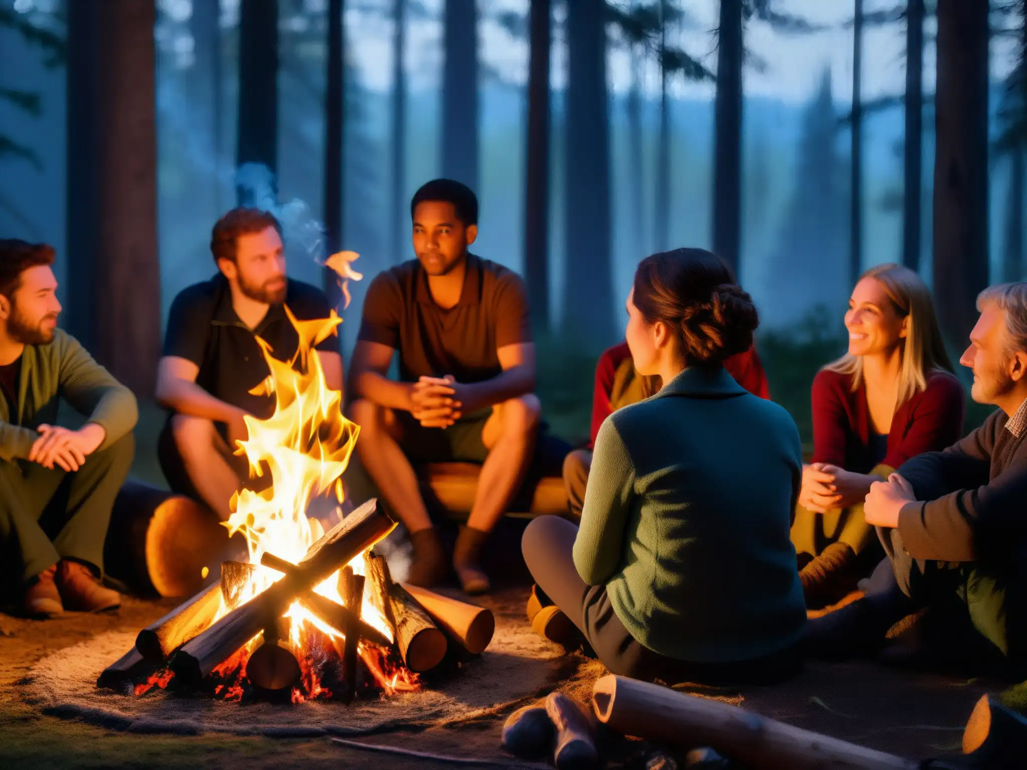 Embrujados por el relato: Noche de leyendas alrededor de la fogata Un grupo escucha atentamente a un narrador junto al fuego en un bosque, evocando la 'Percepción de riesgos en leyendas urbanas'