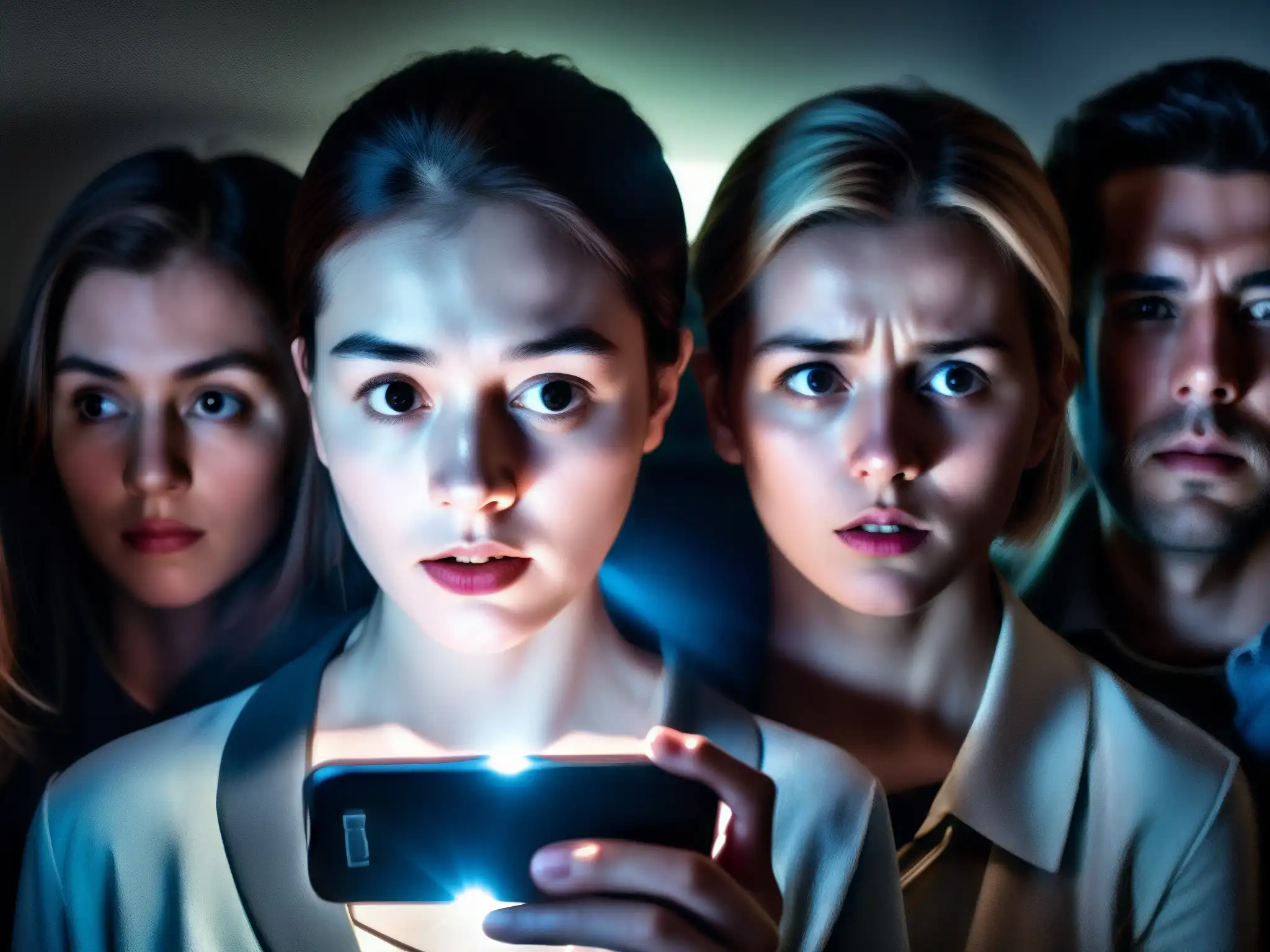 Grupo impactado por video perturbador en smartphone Un grupo de personas mira con fascinación y horror un video perturbador en un smartphone, con caras iluminadas por la pantalla