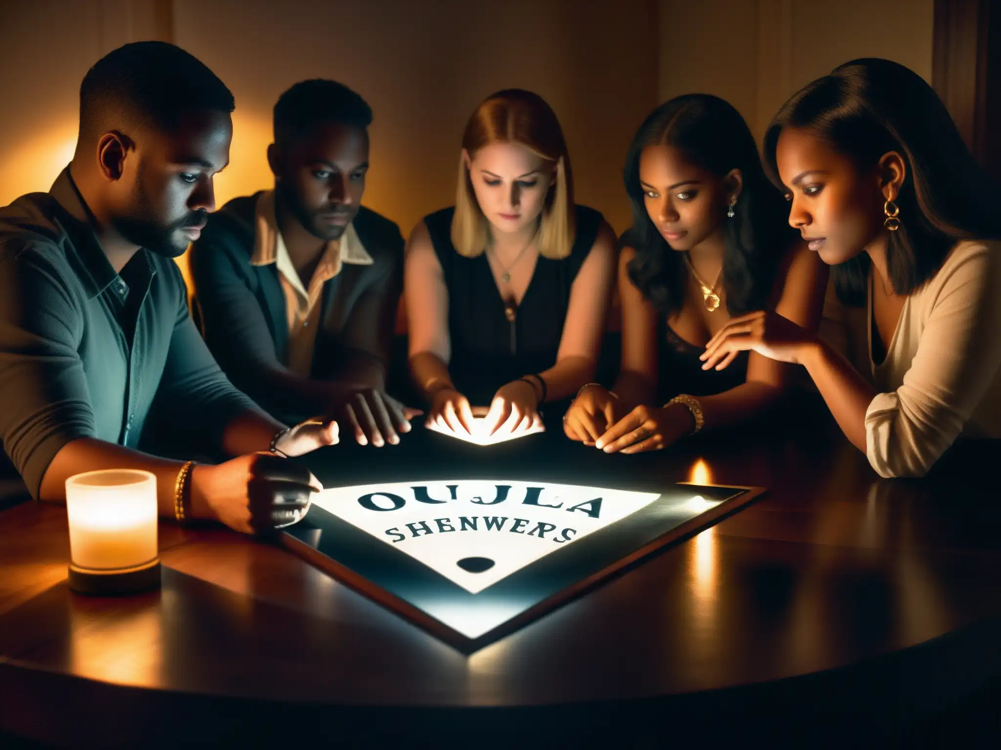 Ritual de Ouija: Intrigas en la penumbra Un grupo de personas se reúnen alrededor de una ouija en una habitación tenue, transmitiendo una atmósfera misteriosa y tensa