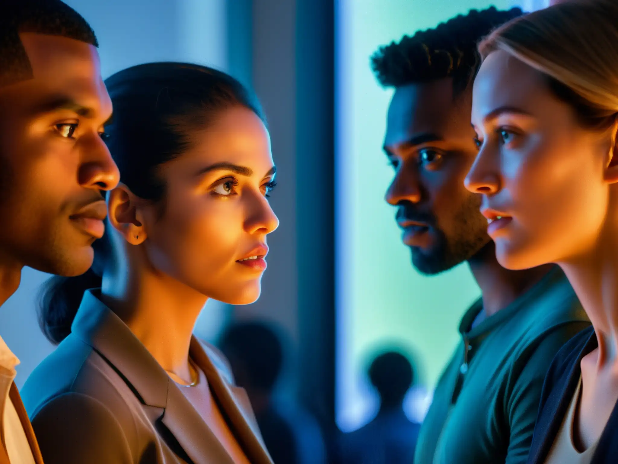 Un grupo de personas se reúnen en una habitación tenue, con expresiones de intriga y preocupación, iluminados por una pantalla