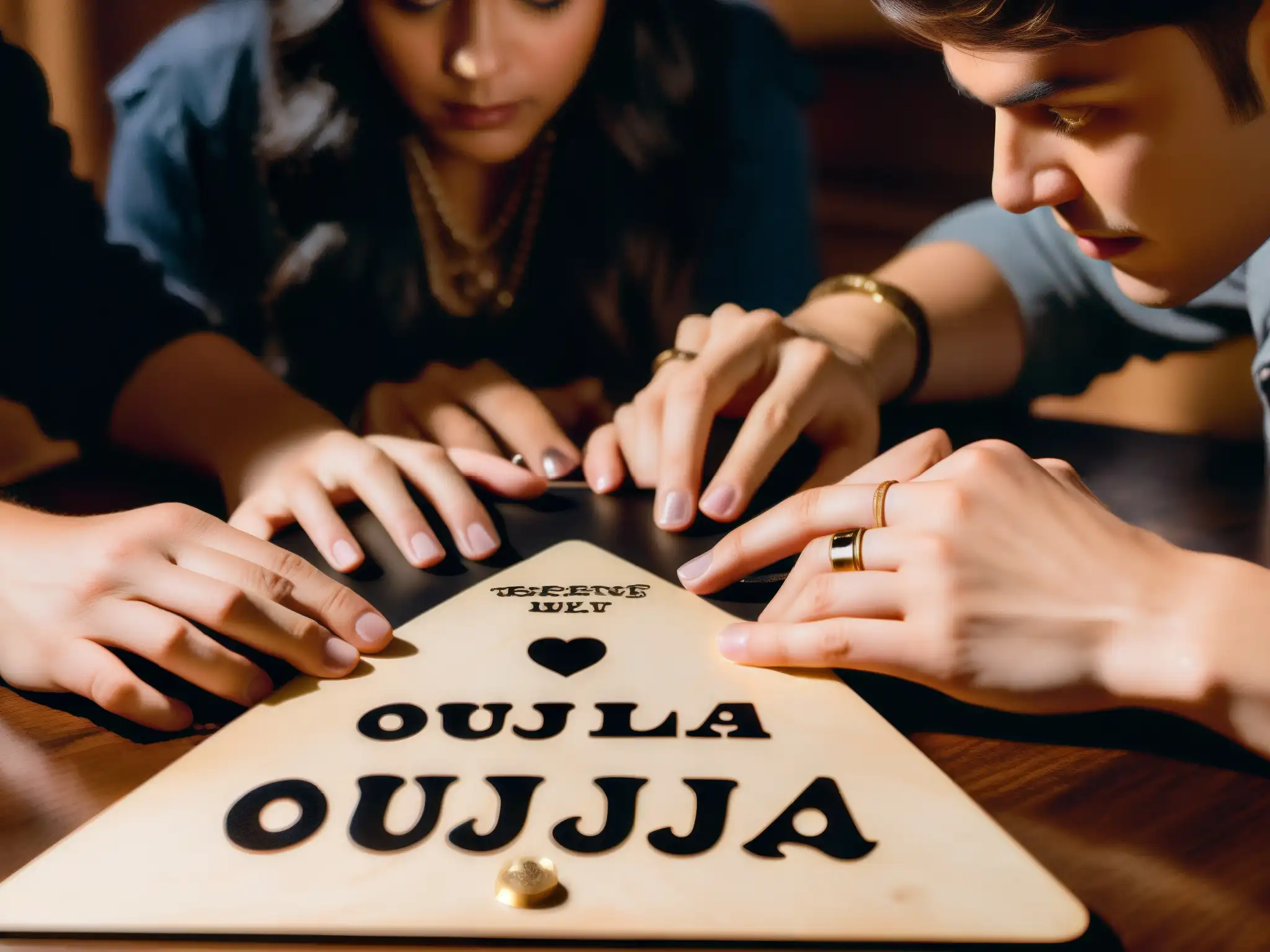 Sesión de Ouija: Intensa conexión espiritual Un grupo de personas participa en una sesión de ouija en una atmósfera tensa y misteriosa