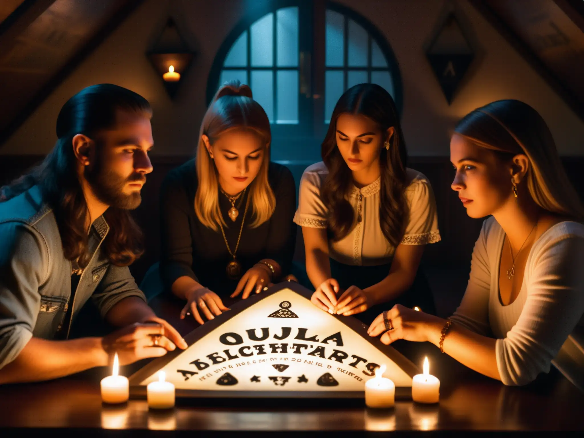 Intensa sesión de Ouija: miedo y anticipación en la penumbra Un grupo de personas se reúne alrededor de una tabla de ouija en una habitación tenue, con rostros llenos de miedo y anticipación