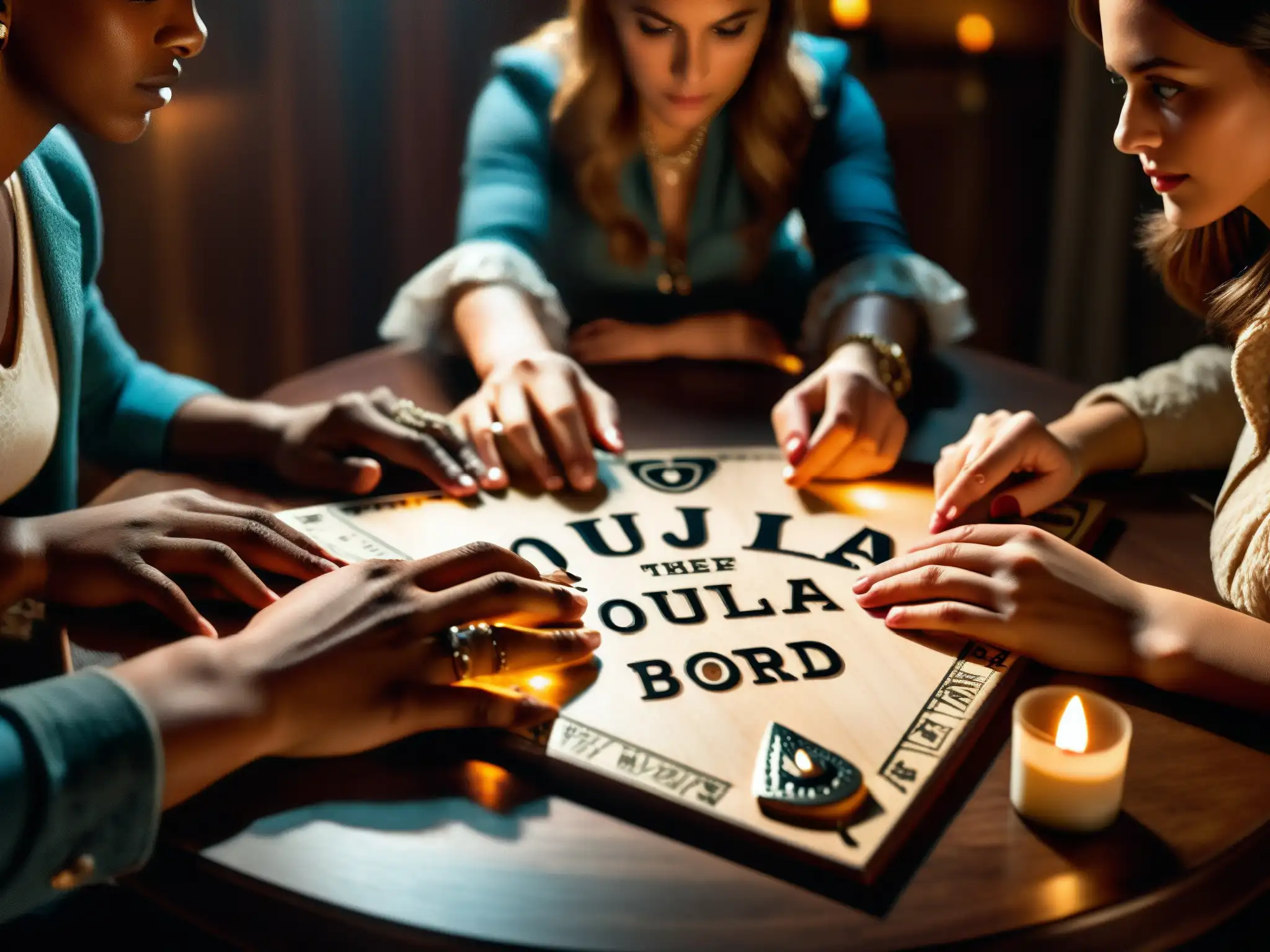 Intensa sesión de Ouija: suspenso y misterio Un grupo de personas se reúnen alrededor de un tablero de ouija en una habitación tenue, mostrando curiosidad, aprensión y concentración