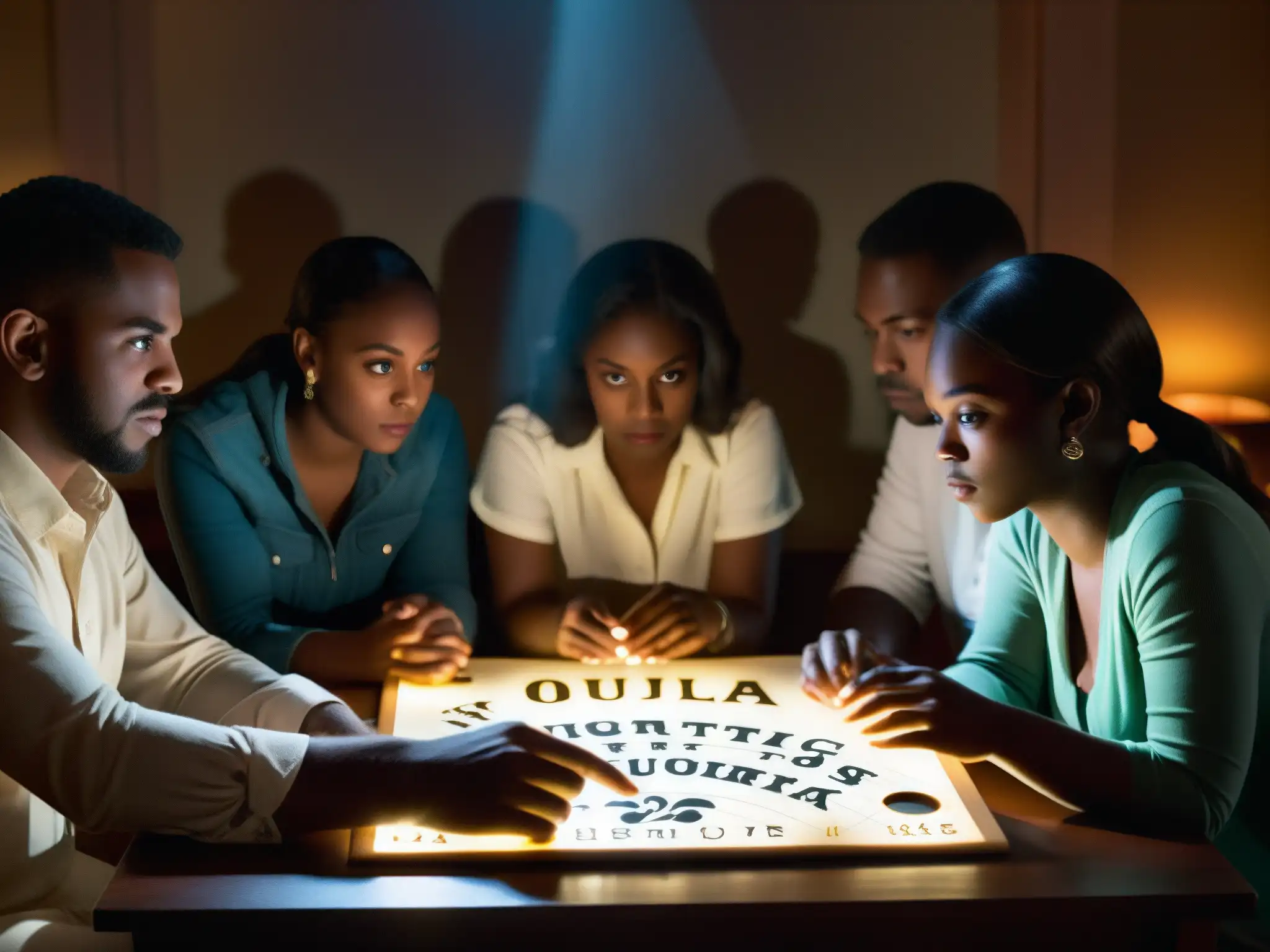 Ritual de la Ouija: Tensión y misterio en la mesa Un grupo de personas en tensión al jugar con la ouija en un ambiente misterioso