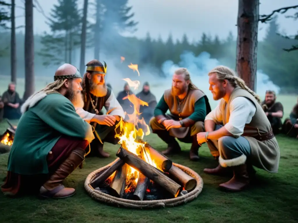 Rituales de Seidr vikingo bajo las llamas Un grupo de recreadores vikingos practican Seidr alrededor de una fogata, creando una atmósfera de hechicería vikinga